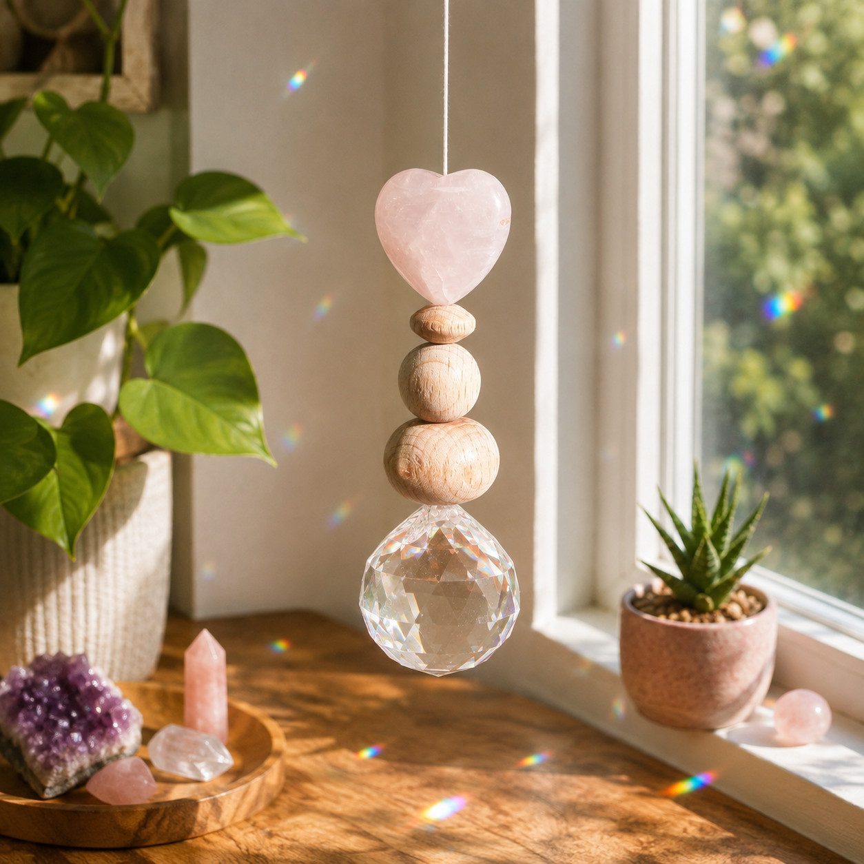 Karmandala Fensterdekoration Kristall Sonnenfänger mit Edelstein Windspiel Regenbogen Lichtfänger, echte Rosenquarz Edelsteine für Liebe, Harmonie und Verbundenheit