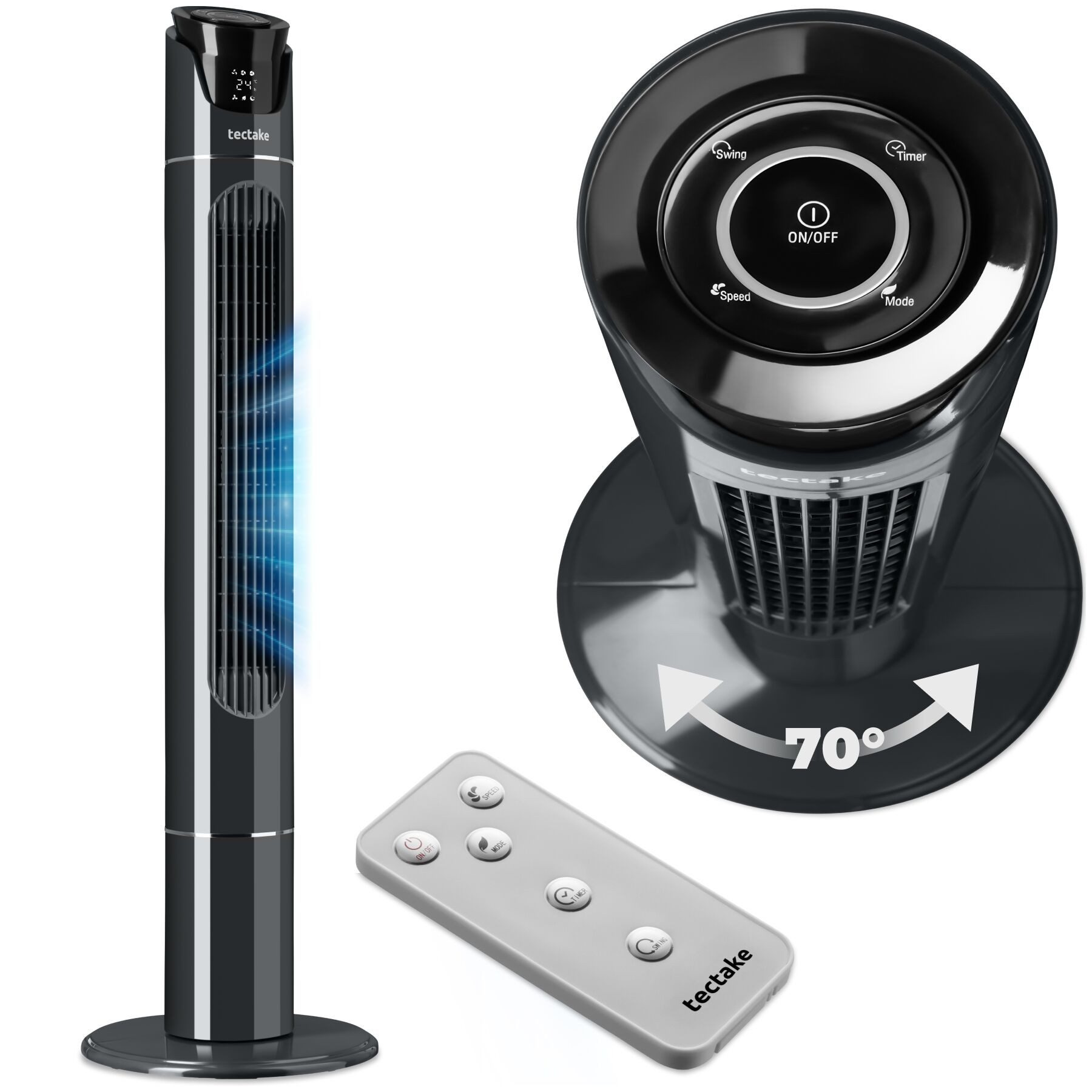 tectake Turmventilator Standlüfter in anthrazit, 3 Modi, 31 x 110 cm, Inkl. Fernbedienung, oszillierend, mit Timer-Funktion, LED-Bedienfeld