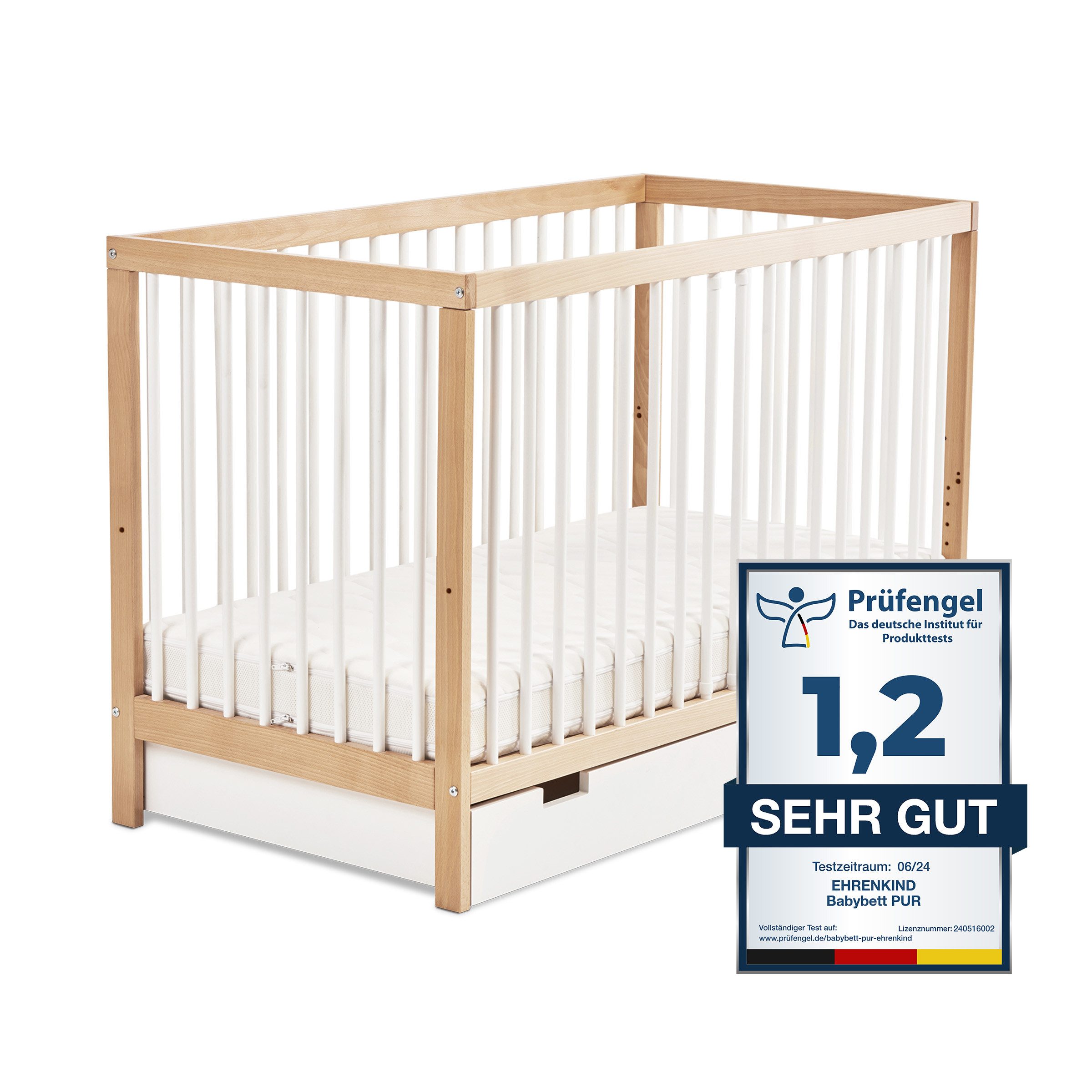 Babybett PUR aus massivem Buchenholz, flexibel höhenverstellbar, Gitterbett