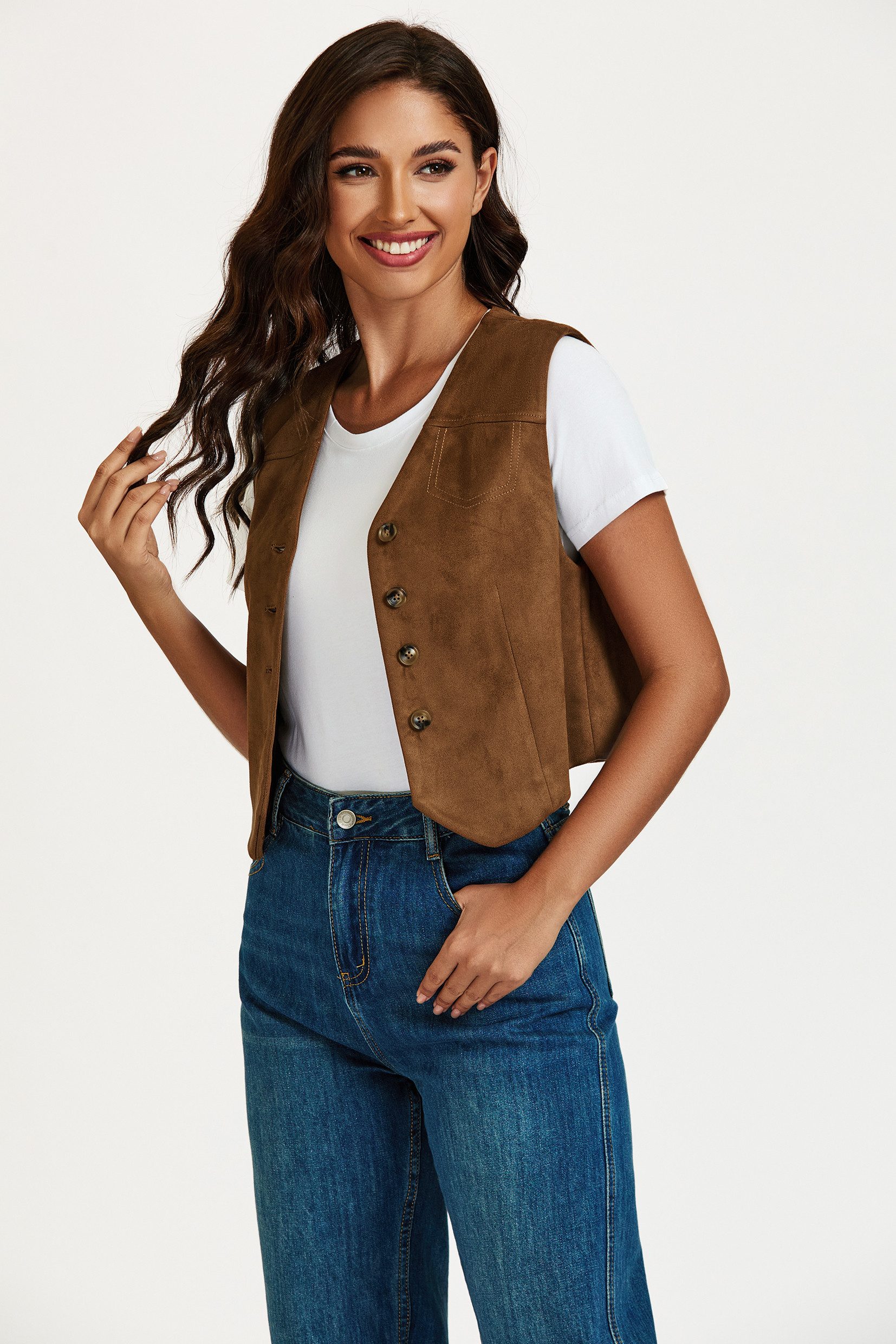 FS Collection Lederimitatweste Damen Lederimitatweste in Camel mit Knopfverschluss, Kunstlederweste (Größen: S, M, L, XL) 96,3 % Polyester, 3,7 % Elasthan – Bild 4 von 5