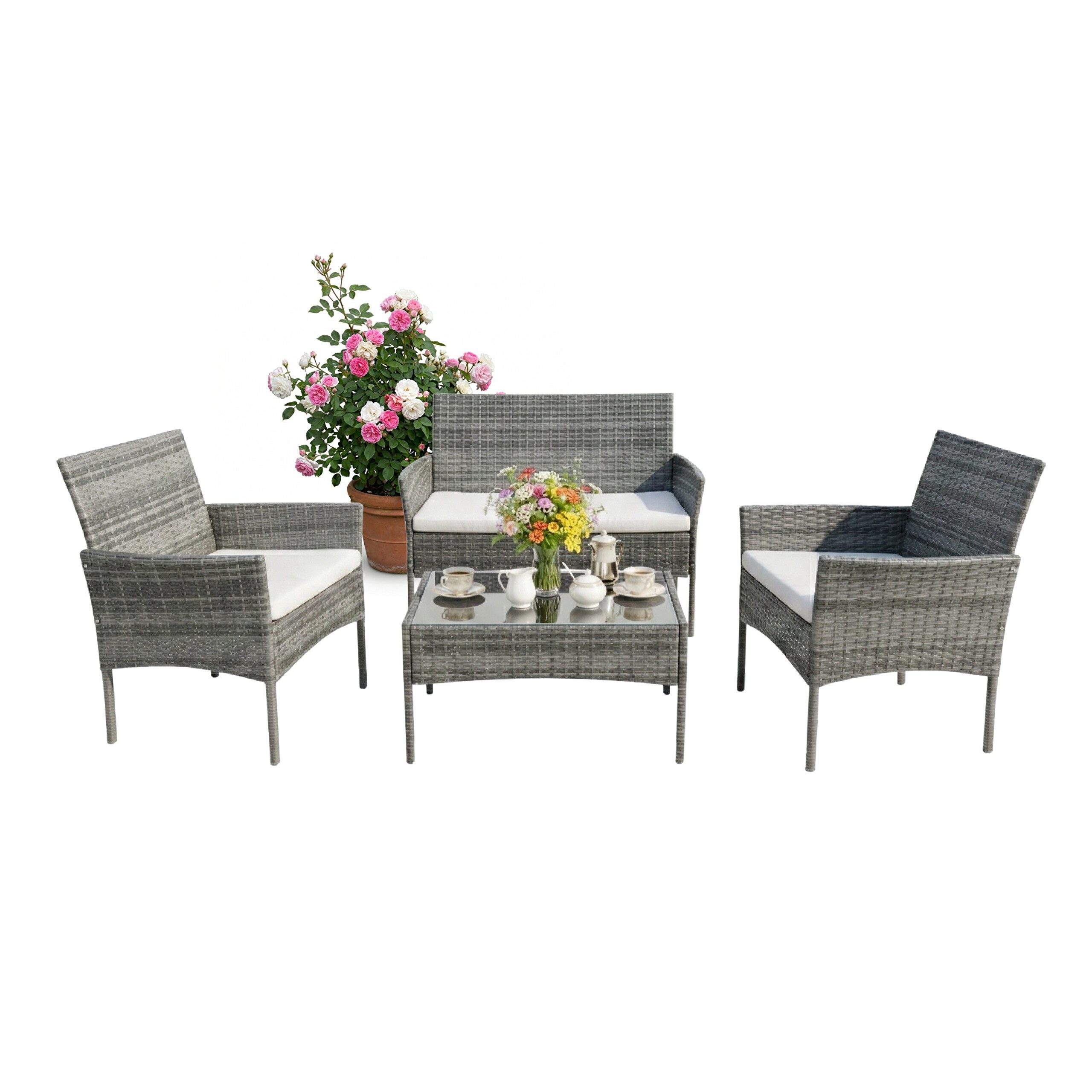 relaxdays Gartenlounge-Set 4-teiliges Gartenmöbel Set Rattan, (4-tlg), grau