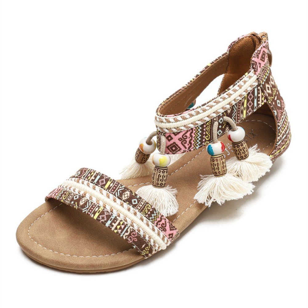 Weiß Damen-Sommer-Sandalen mit Riemchensandale floralen flachem Strand Rouemi Anhänger Sandalen