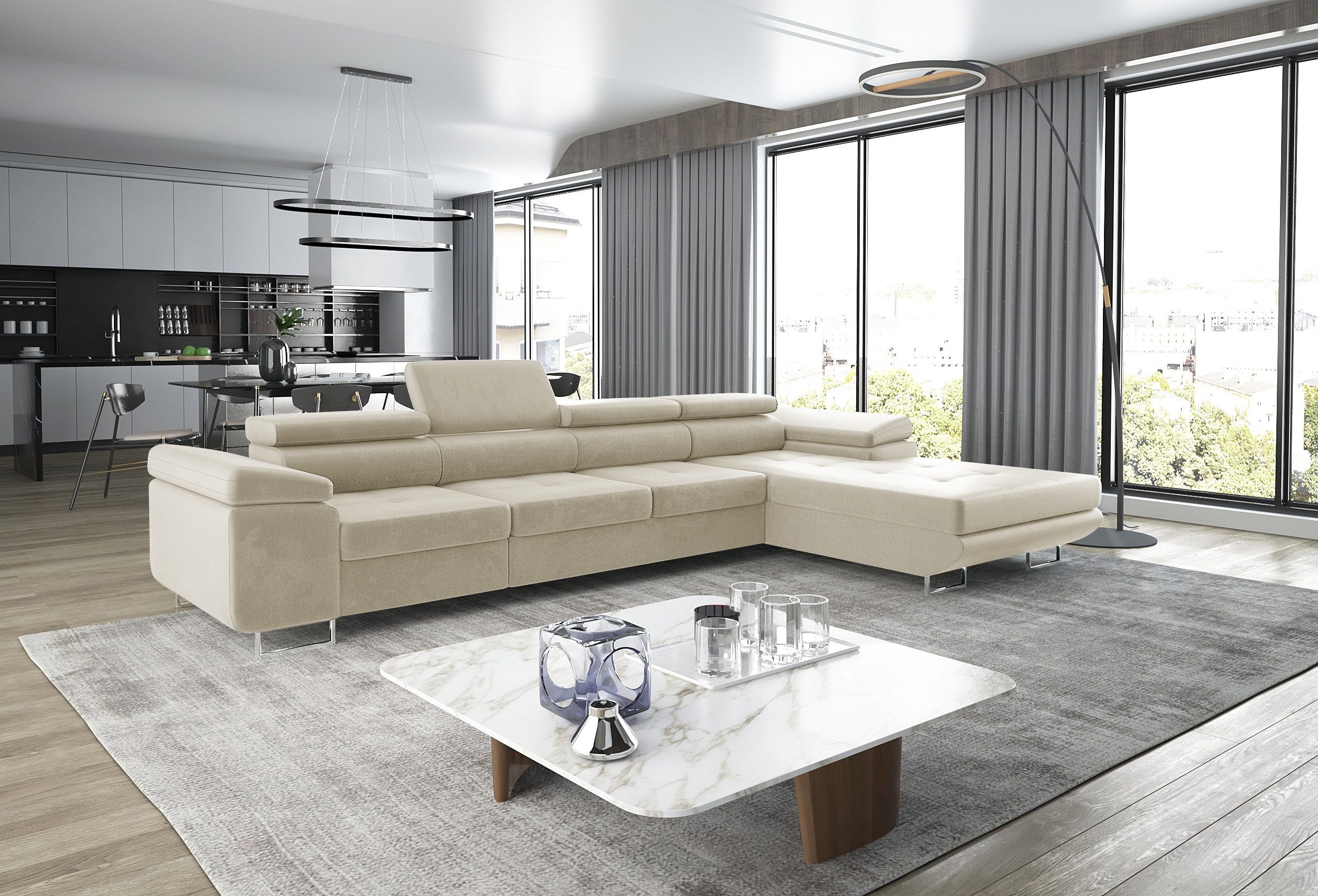 thematys Ecksofa ALVARO MAXI 355 x 204cm mit Schlaffunktion & Bettkasten –, L-Sofa mit 4 verstellbaren Kopfstützen, Samt (Monolotith), oder Cord (Poso) - L-Form, XL-Wohnlandschaft, 355 cm breit