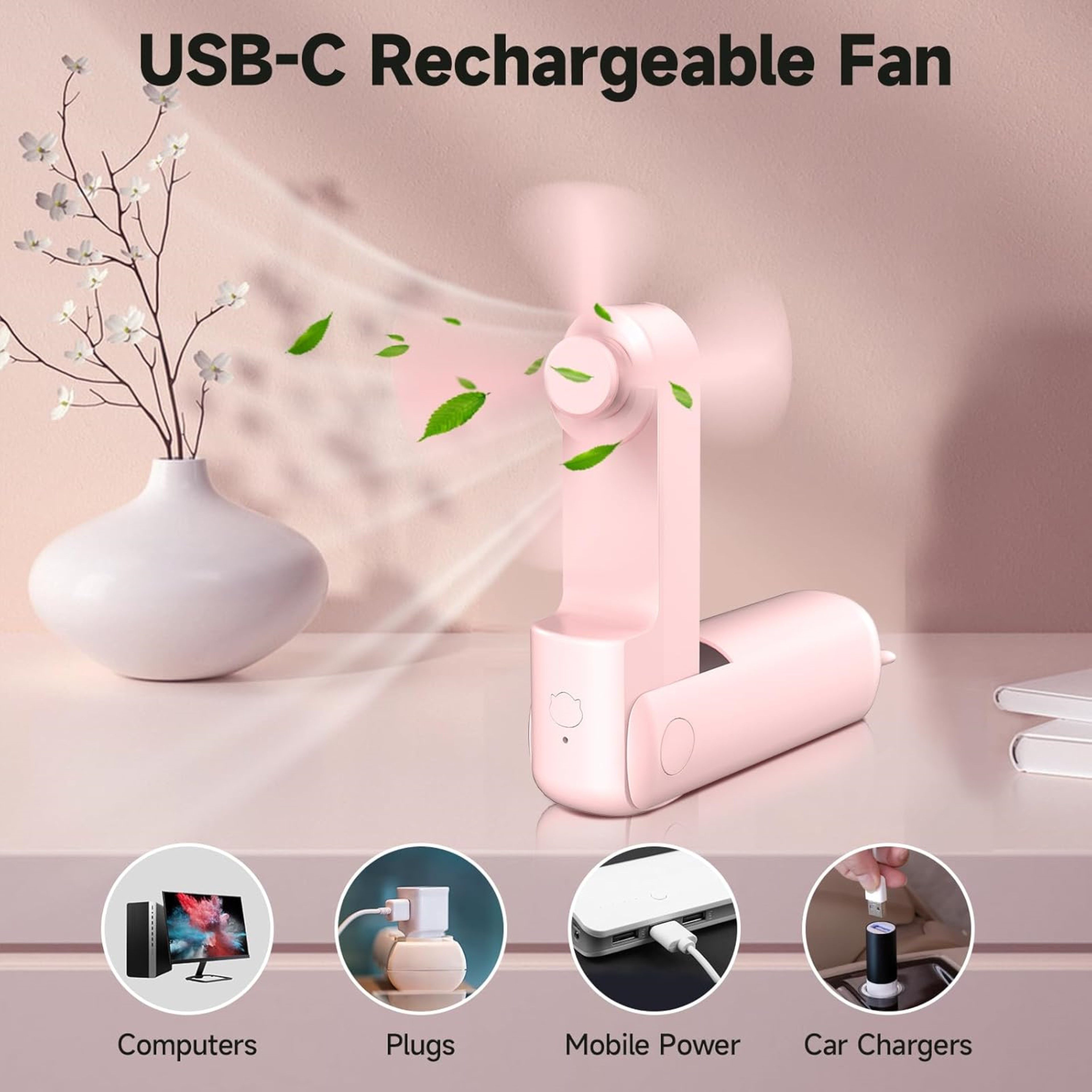 LA CUTE Handventilator Tragbarer Mini Handventilator faltbar USB-C Akku leise Pink, Faltbar, Powerbank-Funktion, 3 Stufen, leise, tragbar