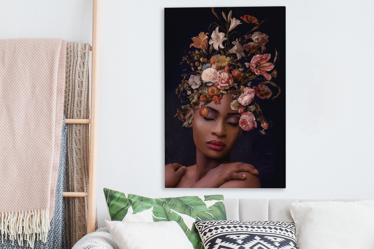 Zackenaufhänger, - Leinwandbild Gemälde, Frau (1 Leinwandbild OneMillionCanvasses® Blumenstrauß St), Make-up, bespannt - inkl. fertig cm 20x30