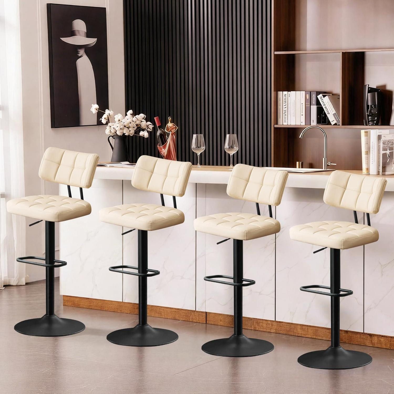 Barhocker Barhocker höhenverstellbar PU Leder Lehne Fußstütze 4 Stück Beige