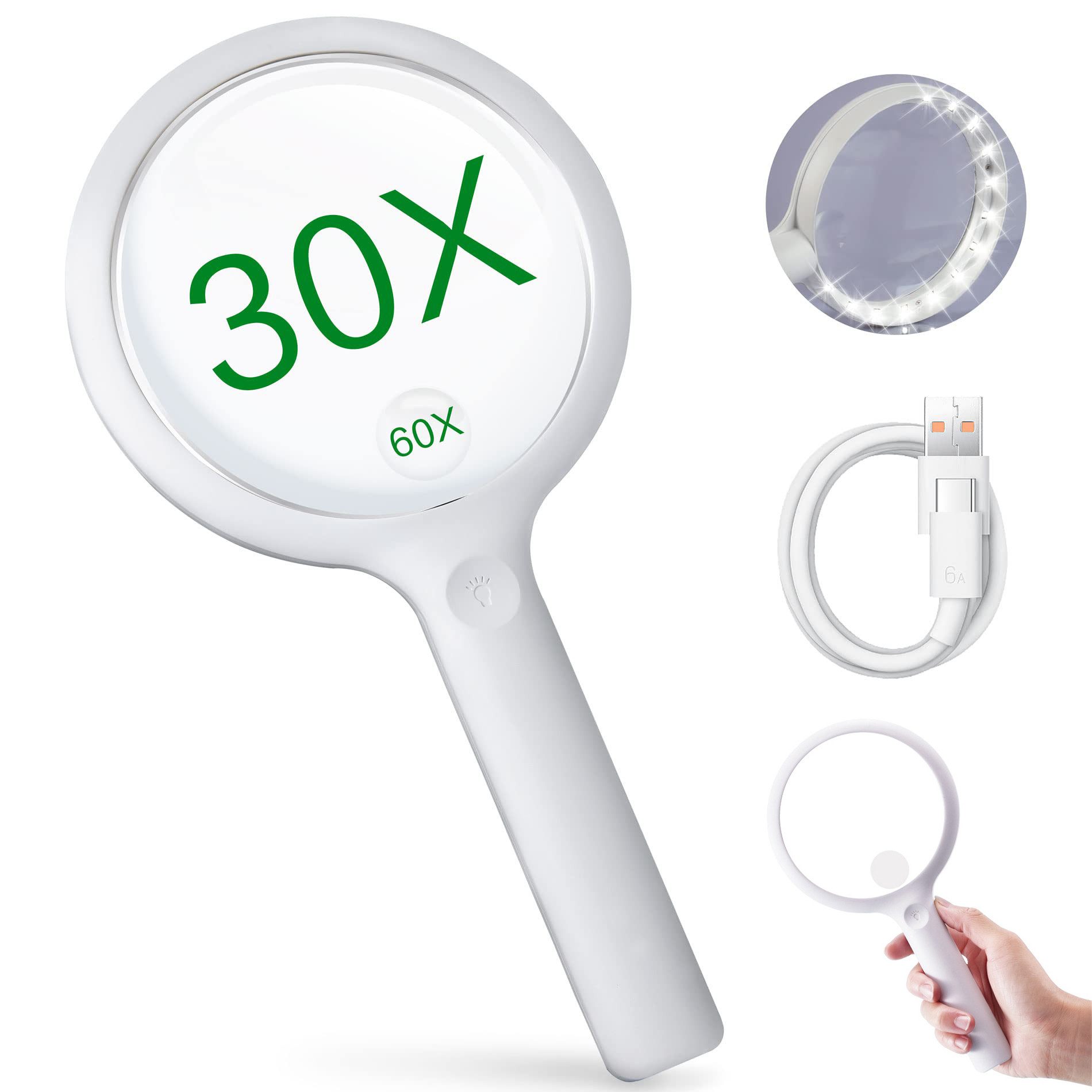 MOPUEA Handlupe Lupe 30/60 fach 110mm Große LED-HandLupe Leselupe mit Licht 3 Modi, 1200mAh Akku erweitertes Sichtfeld, Lesehilfe mit Griff, 1-tlg., Juweliere, wiederaufladbar, Vergrößerungsglas großes Objektiv, für Aktivitäten wie Lesen, Naturbeobachtung