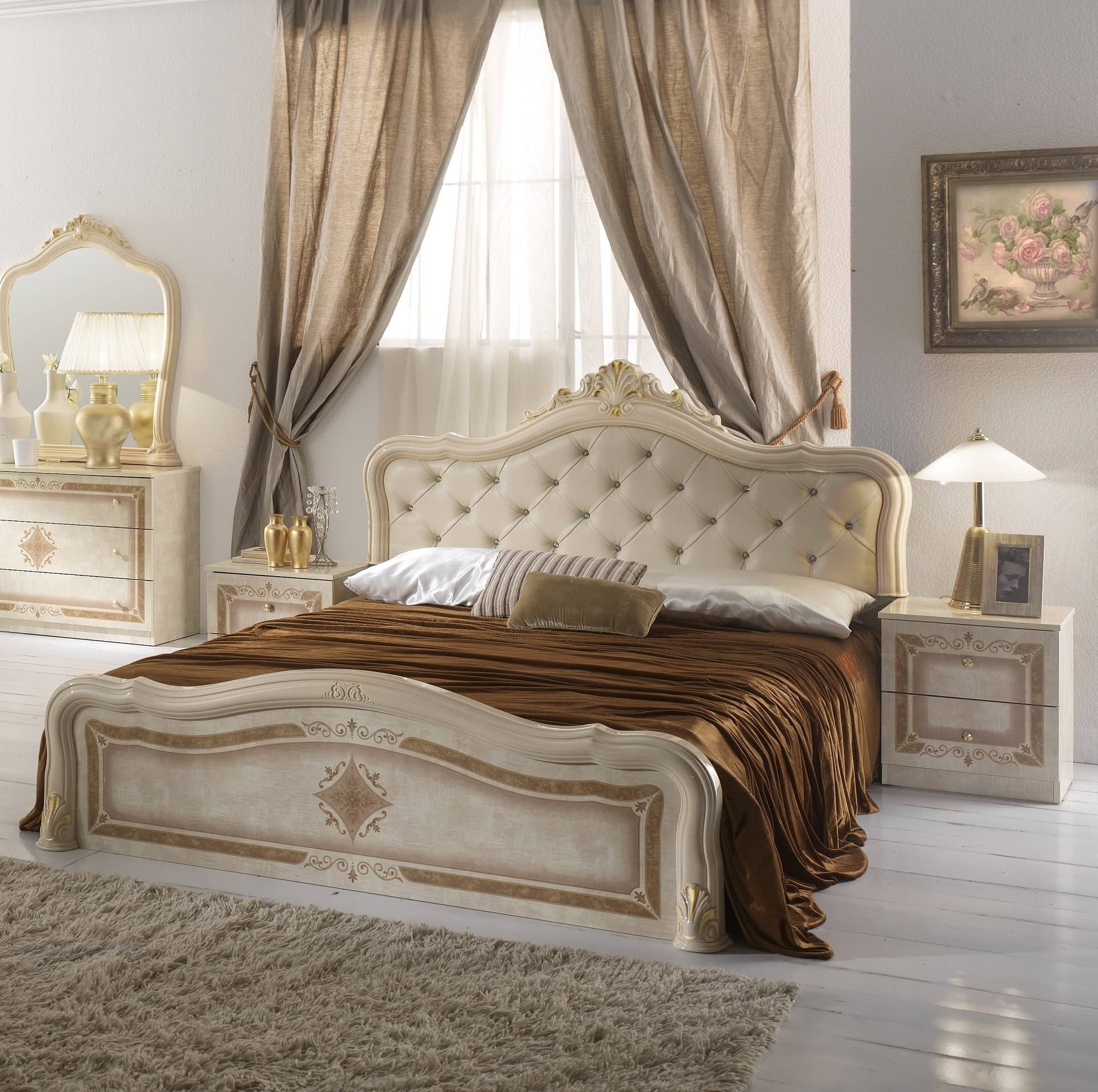 Interdesign24 Schlafzimmer-Set Livia, (4-teilig, im ausgefallenem Barock Stil, inkl. Bett mit Kopfteilpolsterung), in Beige Hochglanz