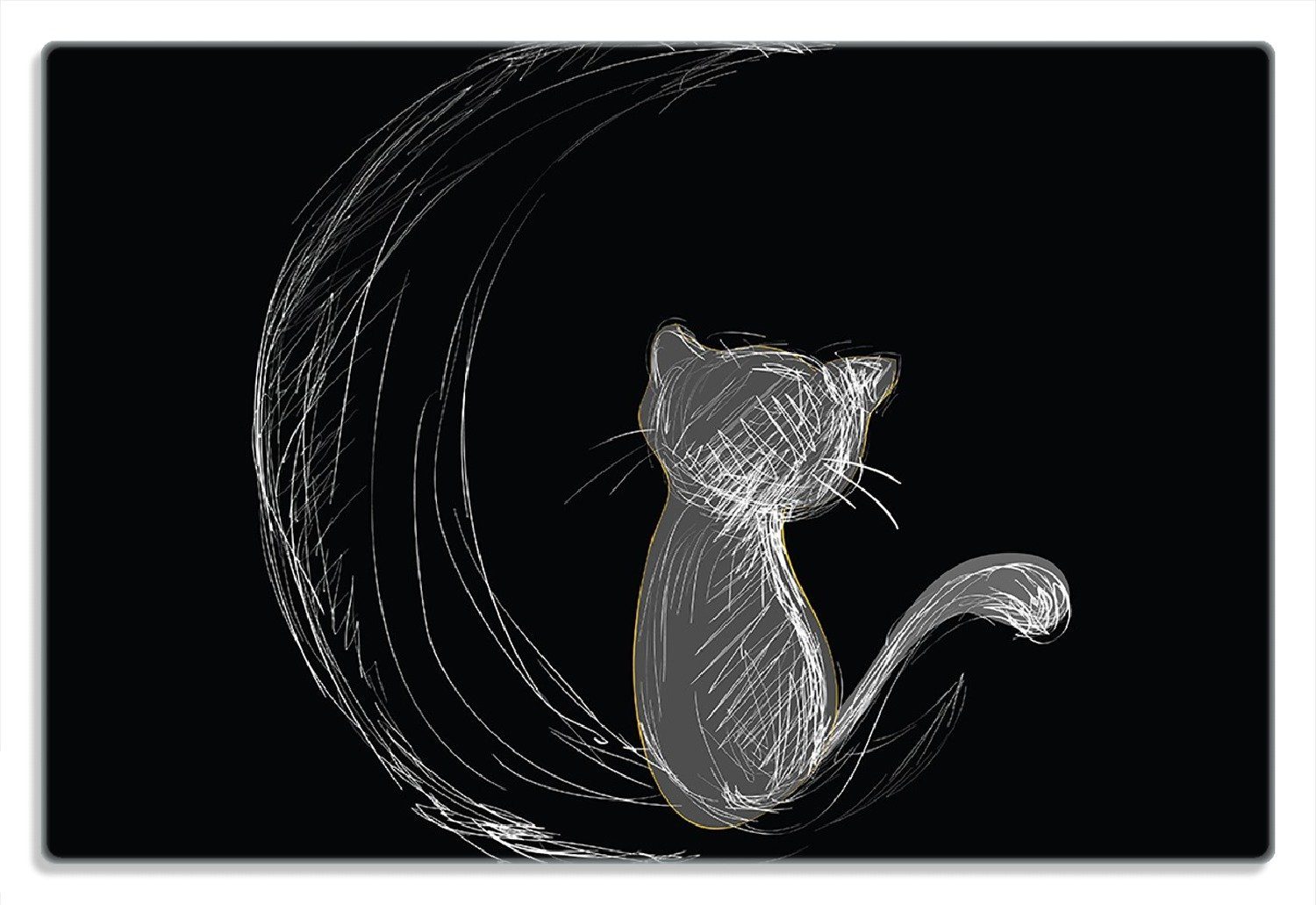 dem illustriert - Gummifüße 1-St), Frühstücksbrett schwarz, (inkl. sitzt Mond in Katze weiß 4mm, auf 20x30cm auf rutschfester Wallario