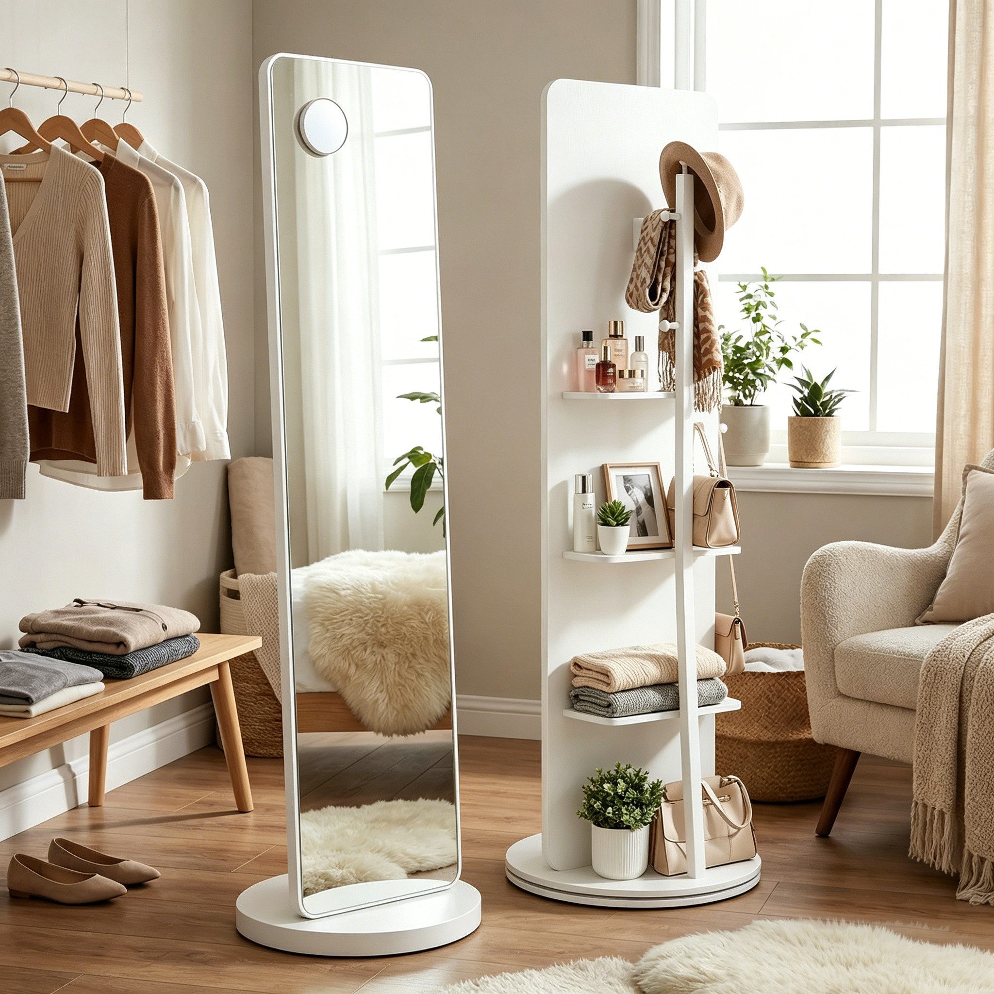 SONGMICS Standspiegel 360° drehbarer Spiegel, mit Sockel, Ablagen und Haken, klares Hartglas, 163 x 45 cm (H×D), für Schlafzimmer, Wohnzimmer