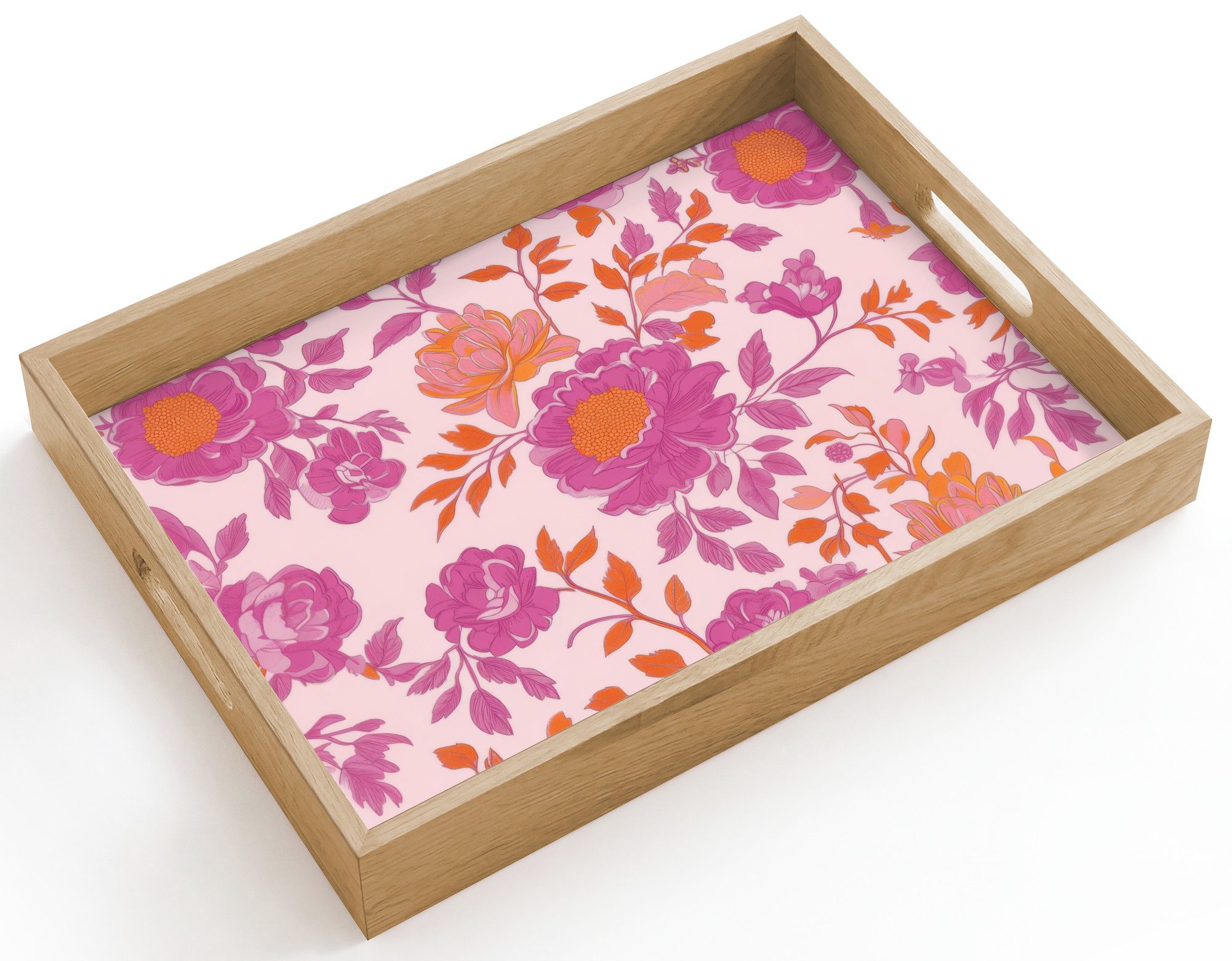 OnlyWow Tablett Rechteckig mit Henkel Florales Muster - Rosa - Orange - Blumen, Eichenholz, (1-tlg), Siervierplatte, Tray, Frühstücksbrett