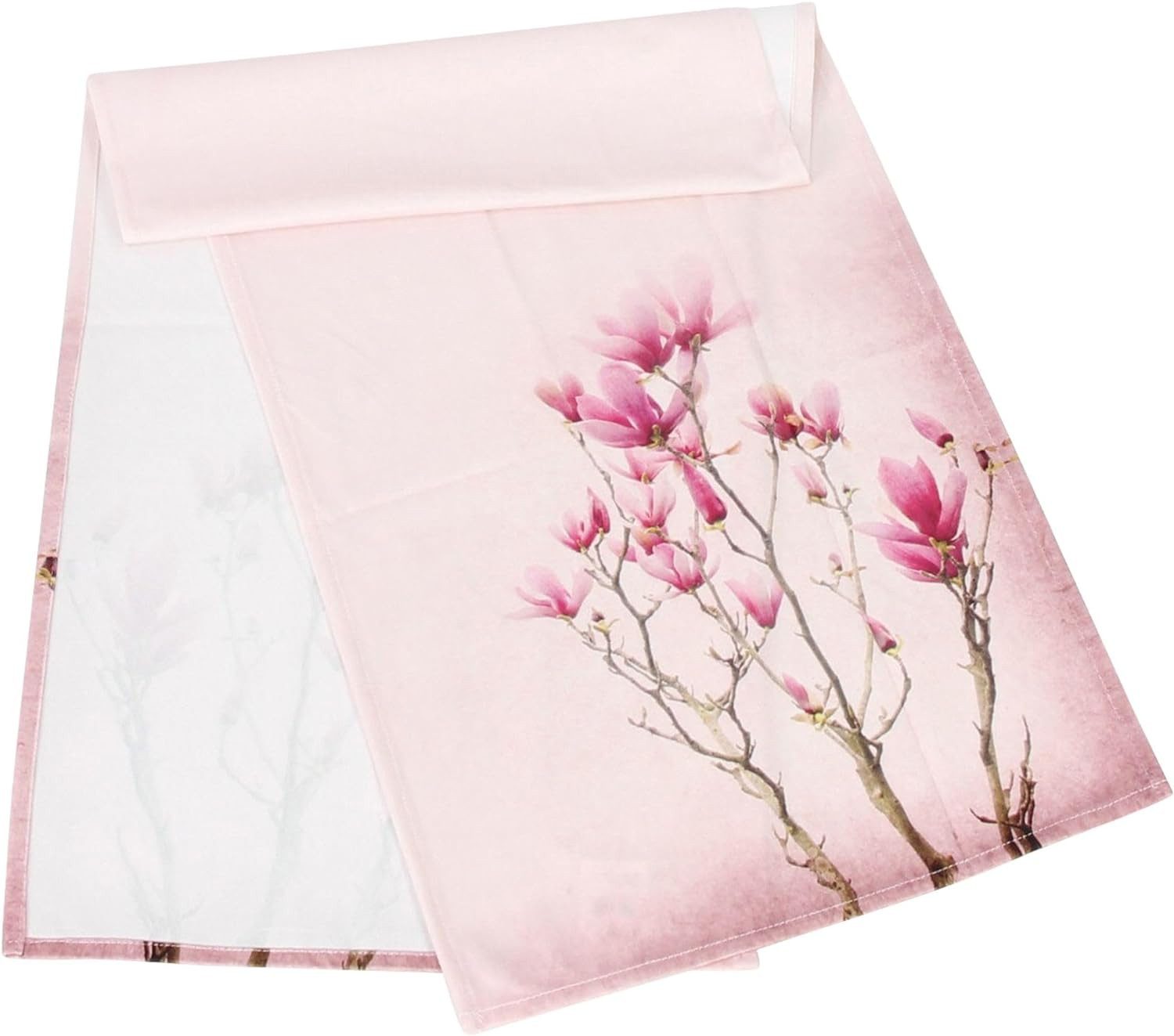 Dekoleidenschaft Tischläufer "Tulpenmagnolie" in Samt Optik 40x140 cm, Tischband in rosa mit Blumen, Motiv, Mitteldecke, Tischwäsche, Tafelband, schmale Tischdecke