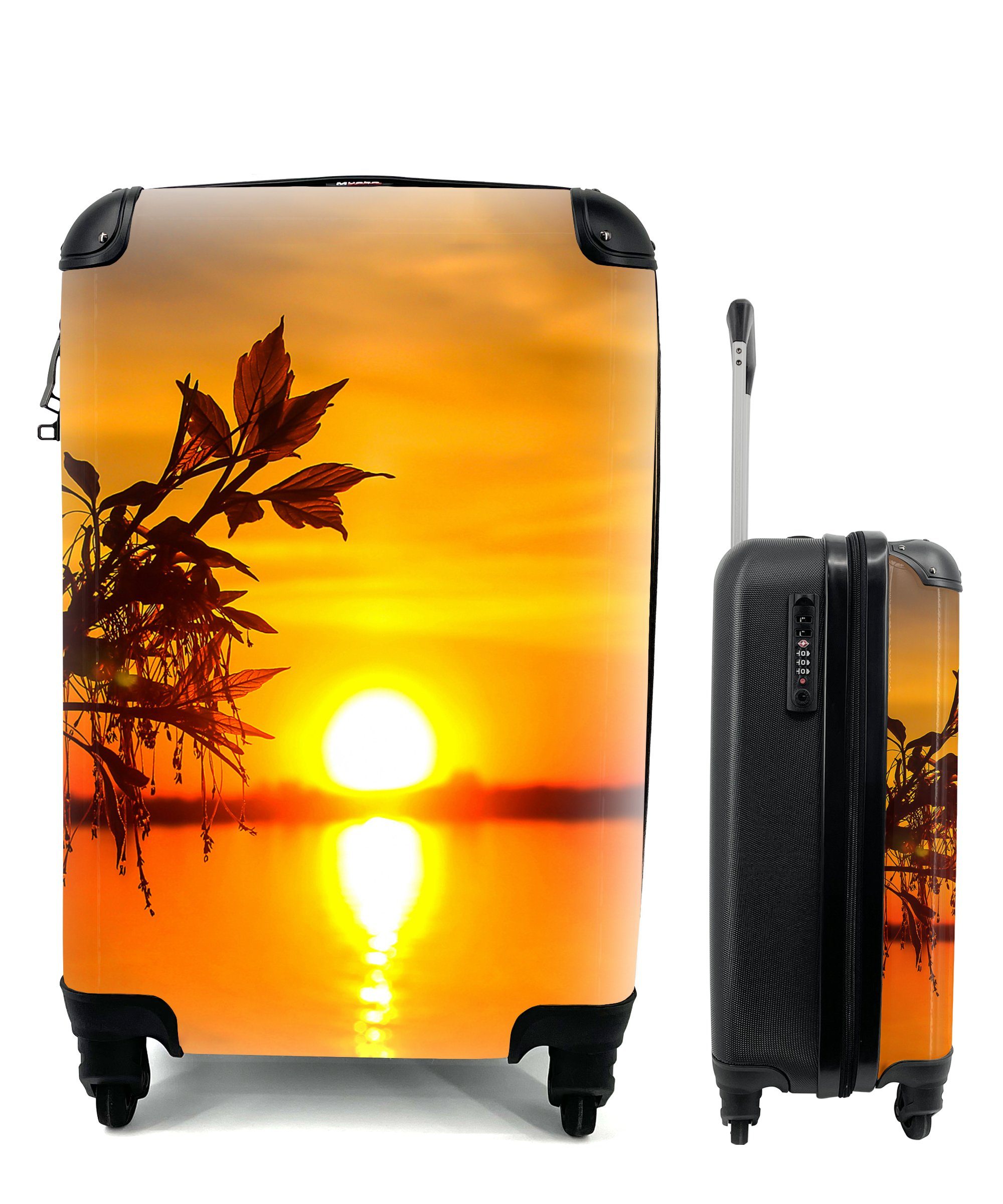 Reisekoffer Sonnenuntergang - Trolley, Handgepäck Orange, Ferien, mit 4 MuchoWow Pflanzen Reisetasche rollen, für - Wasser Handgepäckkoffer Rollen, -