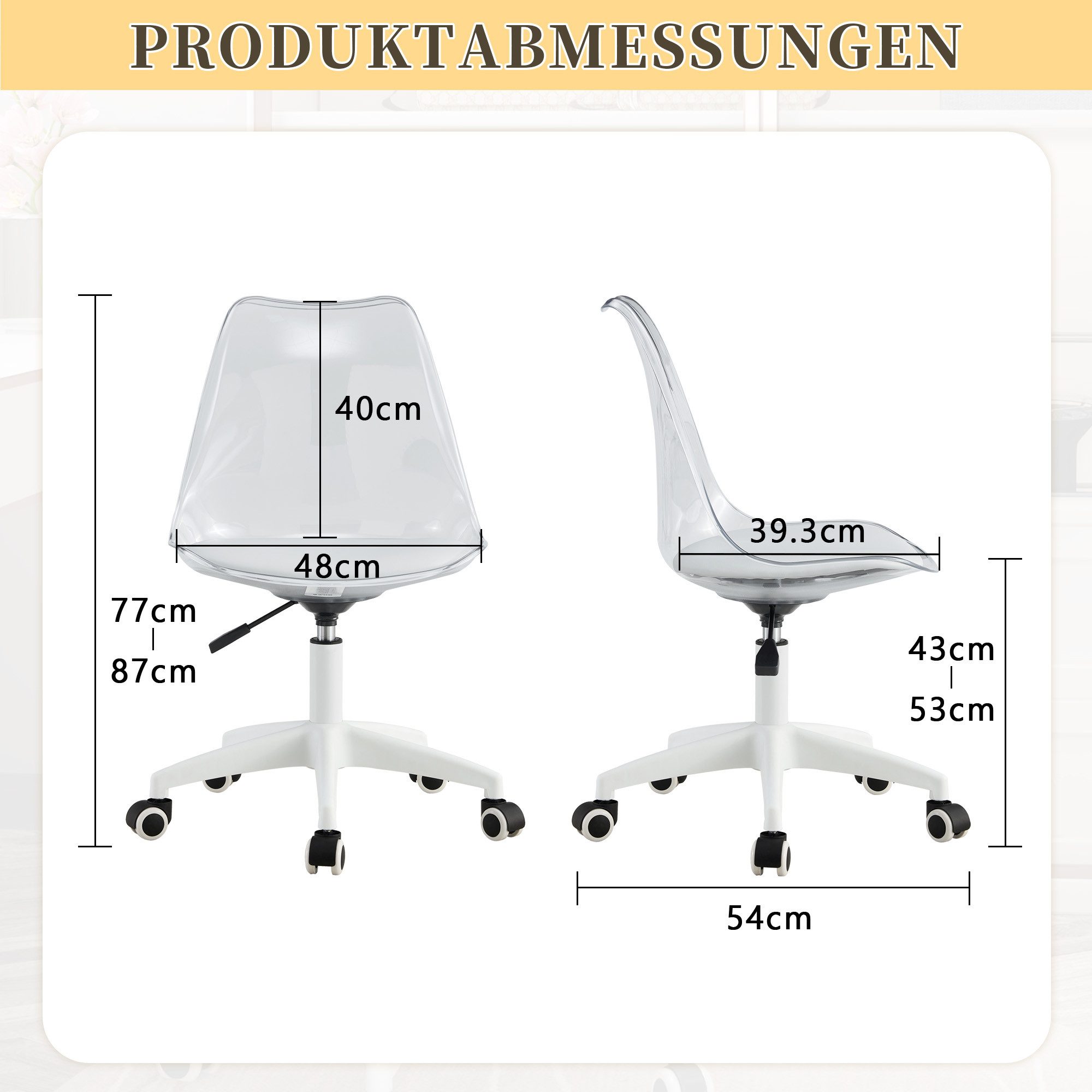 JUFU Drehstuhl mit transparenter Acryllehne, skandinavisches Minimal-Design (1 St), ergonomischer Bürostuhl mit PU-Polster, höhenverstellbar – Bild 2 von 5