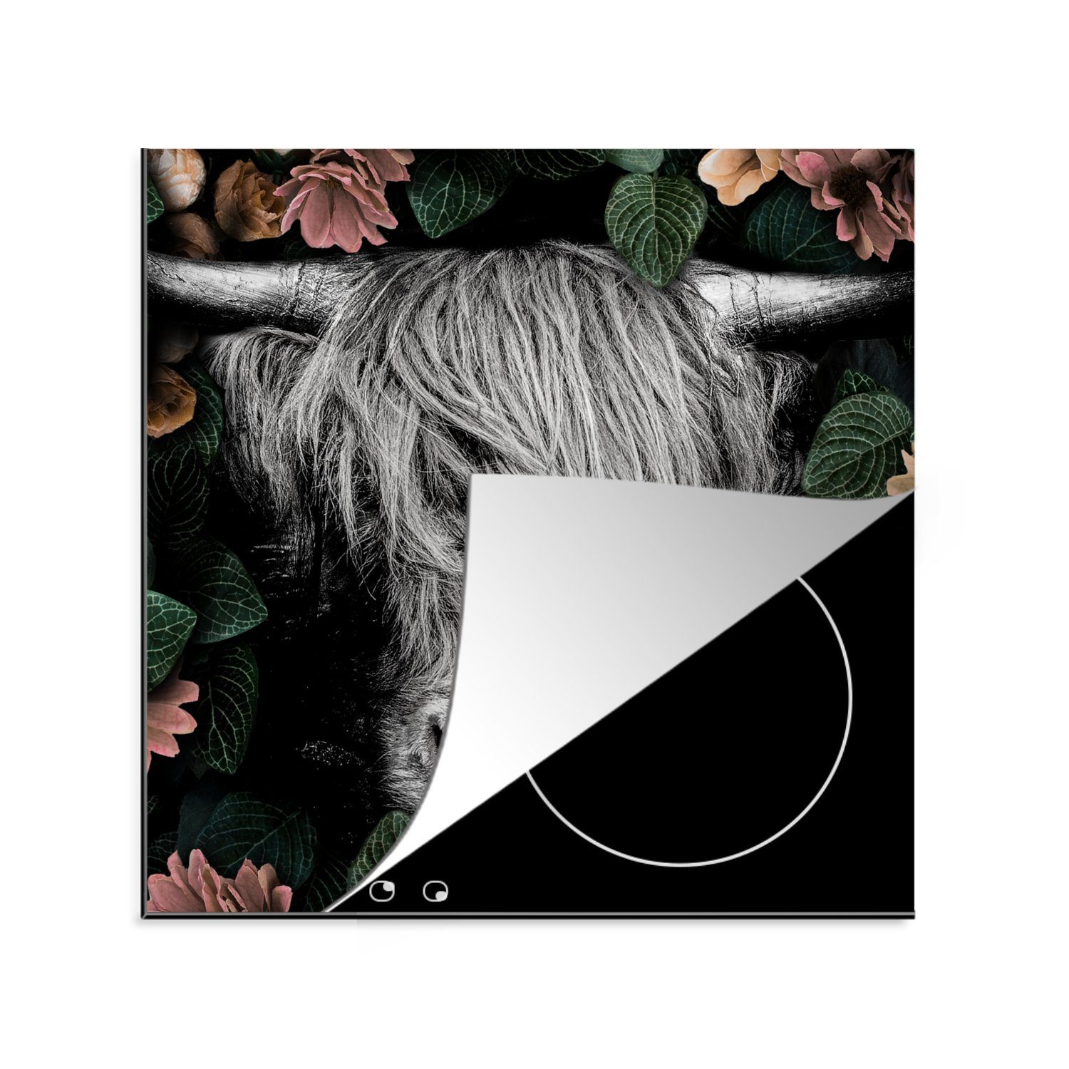 MuchoWow Herdblende-/Abdeckplatte Schottischer Highlander - Blumen - Schwarz - Weiß, Vinyl, (1 tlg), 78x78 cm, Ceranfeldabdeckung, Arbeitsplatte für küche
