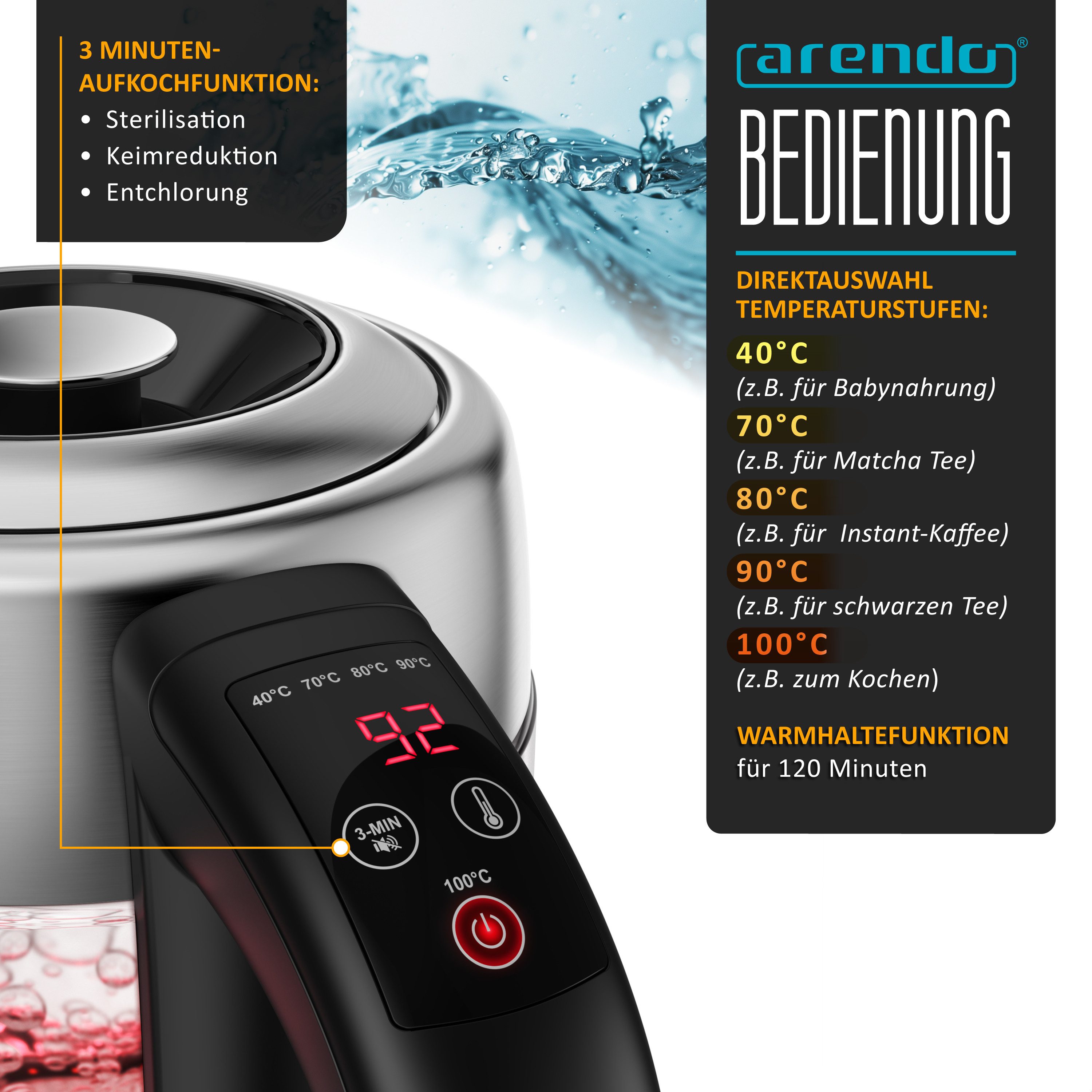 Arendo Wasserkocher aus Glas & Edelstahl, mit Temperatureinstellung und Teesieb, Teekocher, 1,7 l, 2200 W, Temperaturwahl 40 - 100 °C, Warmhaltefunktion, LED-Fa – Bild 4 von 5