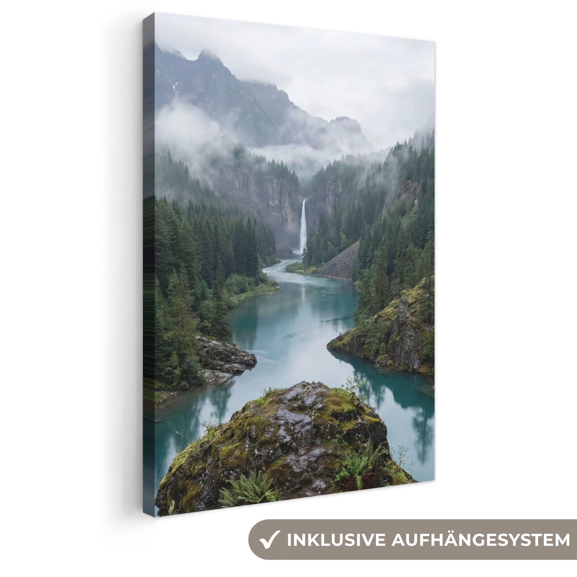 OneMillionCanvasses® Leinwandbild Wasserfall - Bäume - Berge, Fotodruck (1 St), Leinwand Canvas Wandbild, Wanddekoration 20x30 cm
