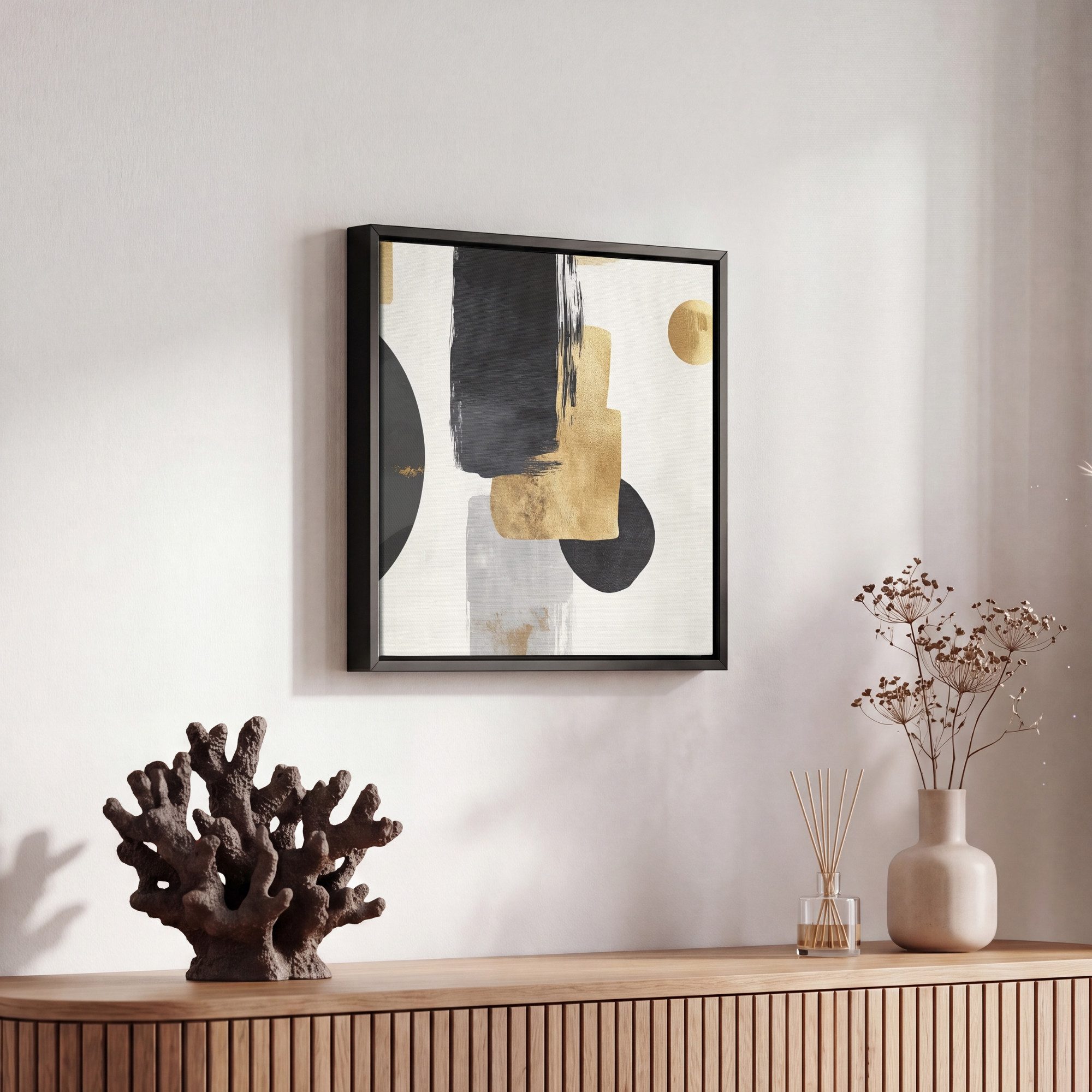OneMillionCanvasses® Leinwandbild mit Rahmen - Gold - Rechtecke - Kreise - Abstrakt, Fotodruck (1 St), Leinwand Bilder Klein, Wand Dekoration Aesthetic 20x20cm – Bild 5 von 5