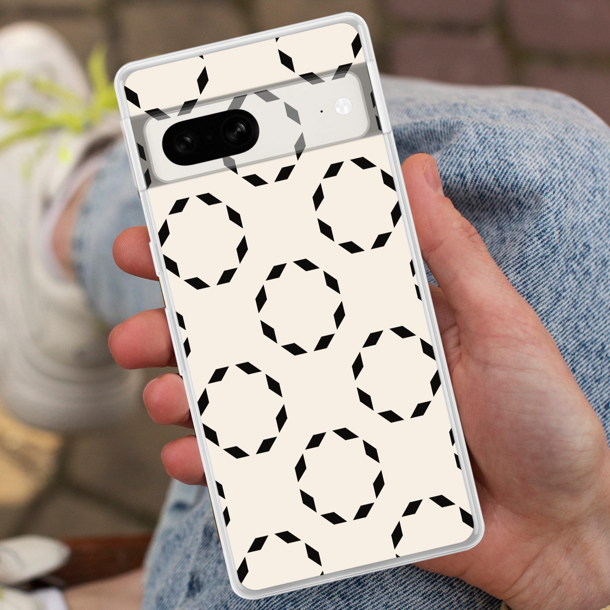 MuchoWow Handyhülle für Google Pixel 7 Kreise - Muster - Schwarz - Beige - Abstrakt, Phone Case, Silikon, Schutzhülle Dünn