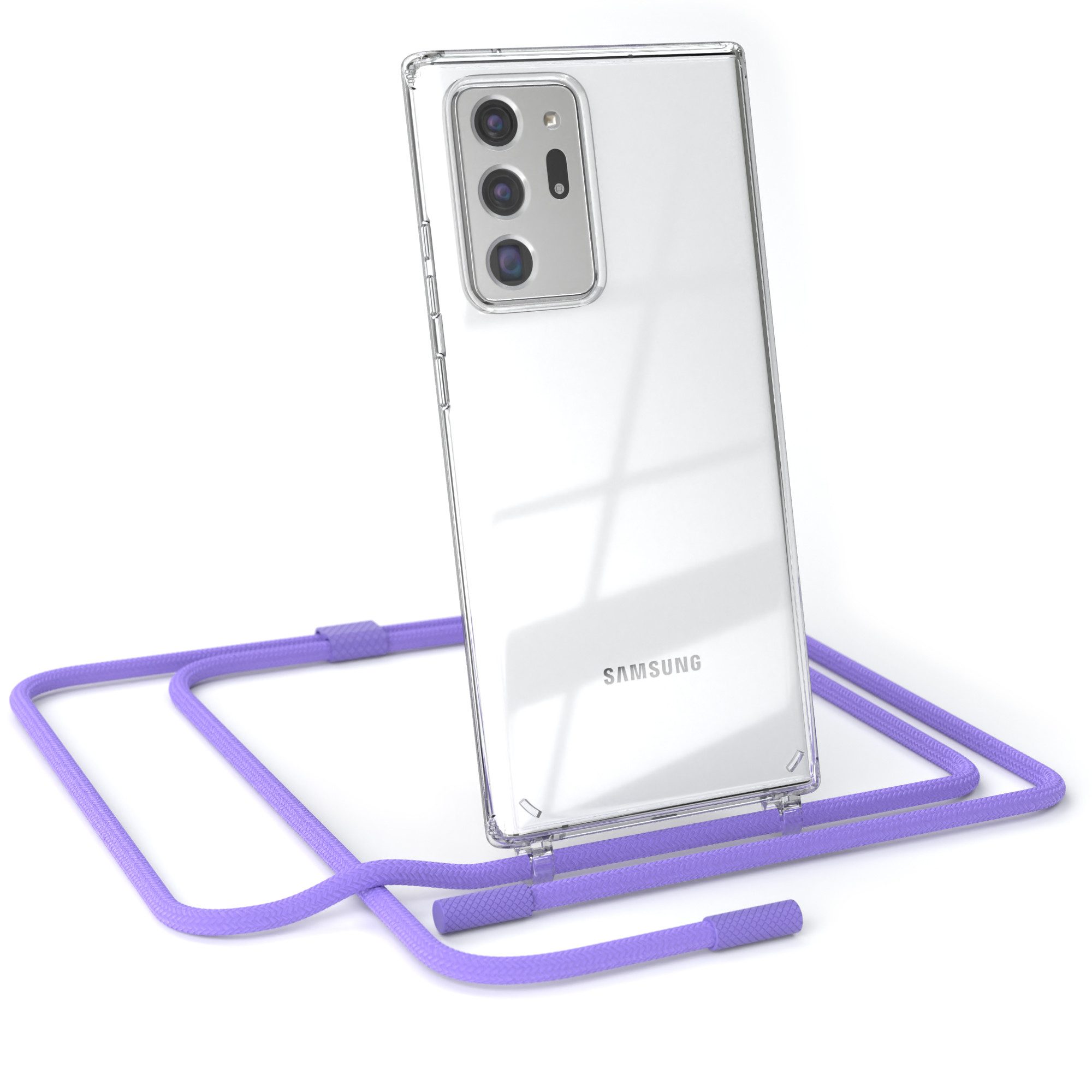 EAZY CASE Handykette Silikon Kette für Samsung Galaxy Note 20 Ultra 5G 6,9 Zoll, Ketten Kordel Transparent Case abnehmbare Handyhülle Flieder Lila Gold