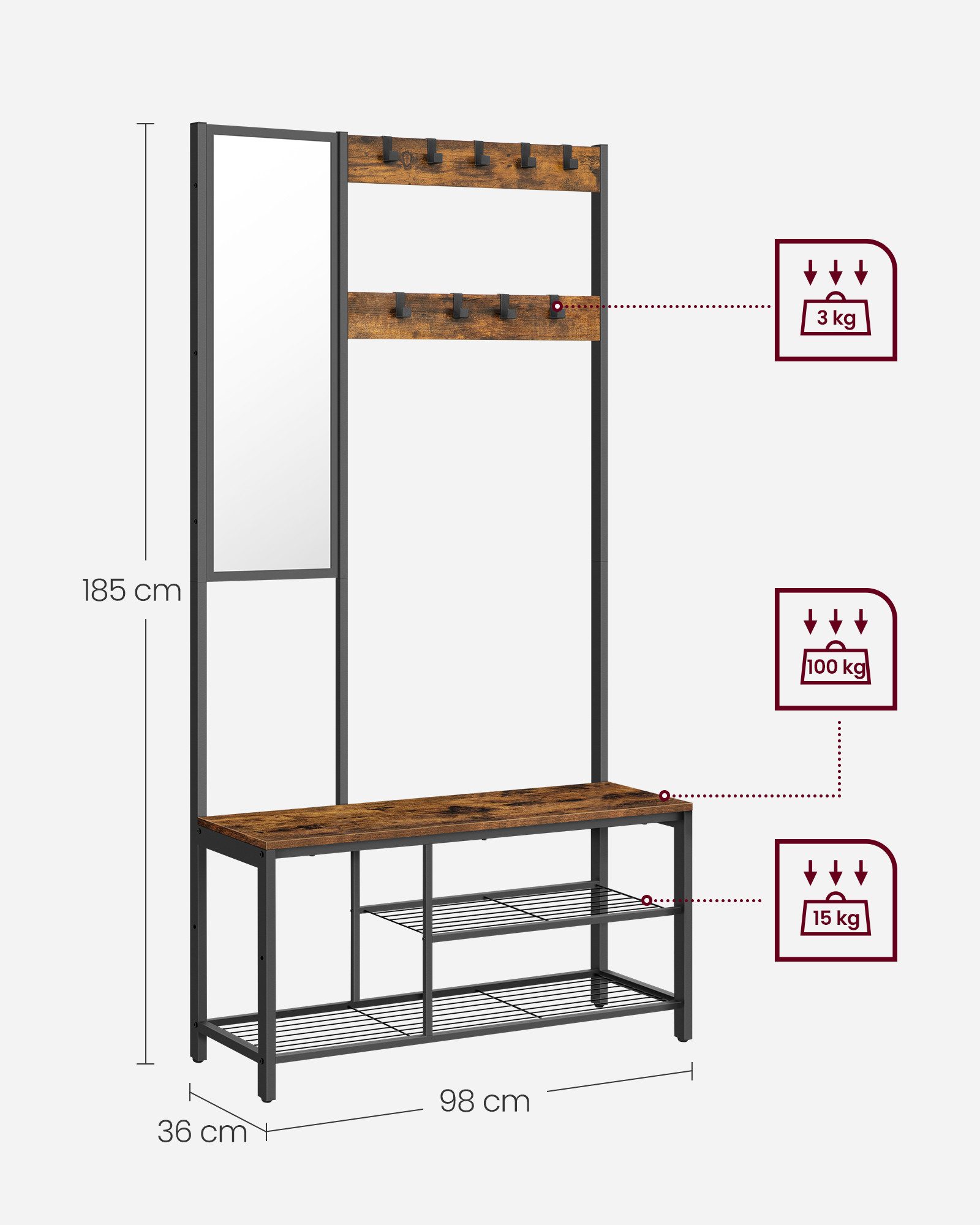 VASAGLE Garderobenständer Garderobe mit Haken, Kleiderständer mit Spiegel, Schuhbank und Ablagen, 36 x 98 x 185 cm, für Flur, Schlafzimmer, Wohnzimmer – Bild 5 von 5