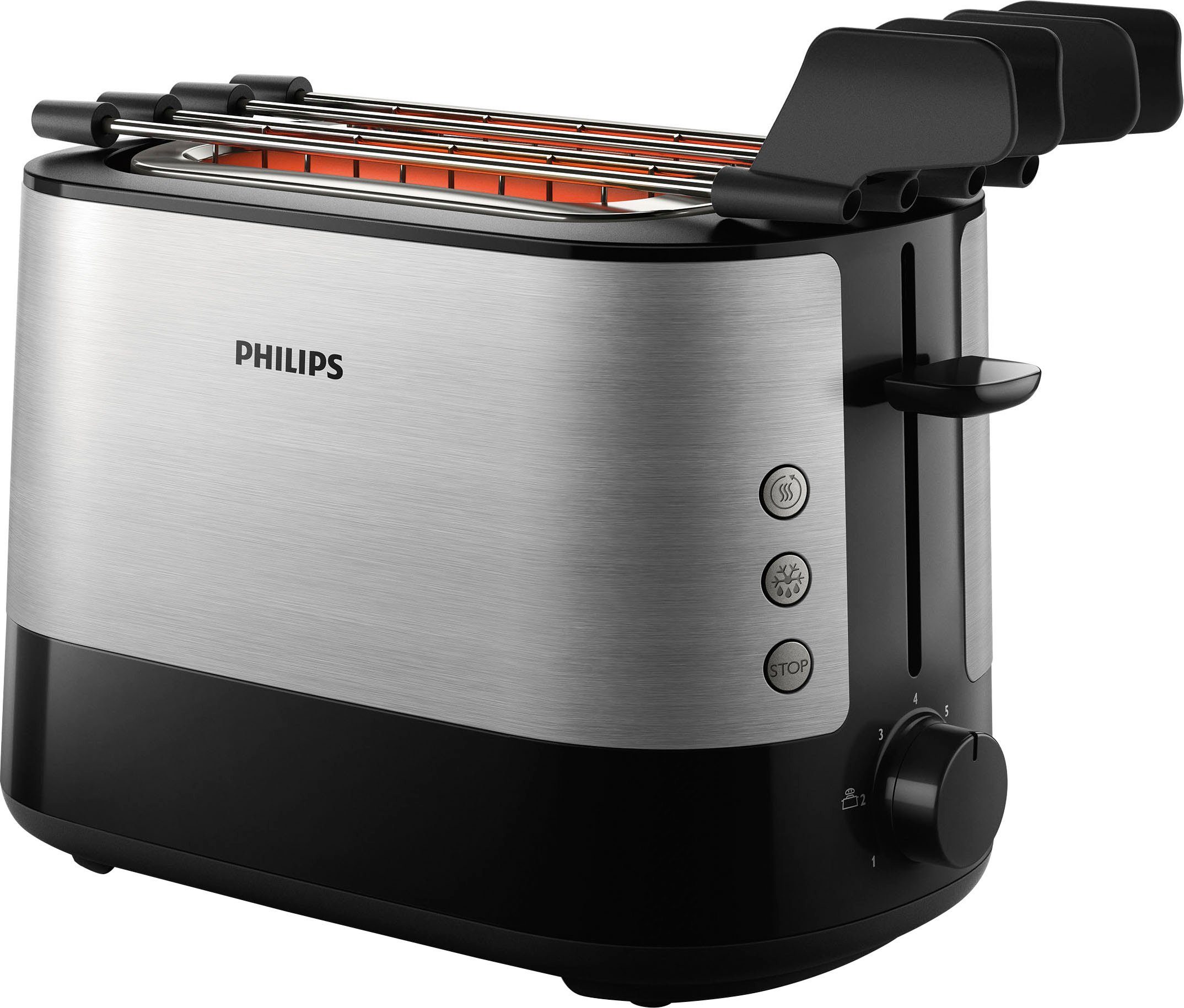 Philips Toaster HD2639/90, 2 kurze Schlitze, 730 W, Brötchenaufsatz, Krümelschublade, 7 Bräunungsstufen, 3 Funktionen