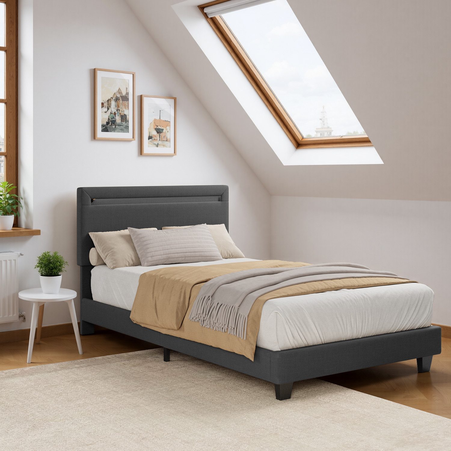 Bealife Polsterbett lsterbett Einzelbett,Bettgestell mit Kopfteil, Lichtleiste (2 Modelle (90x200, 120x200)