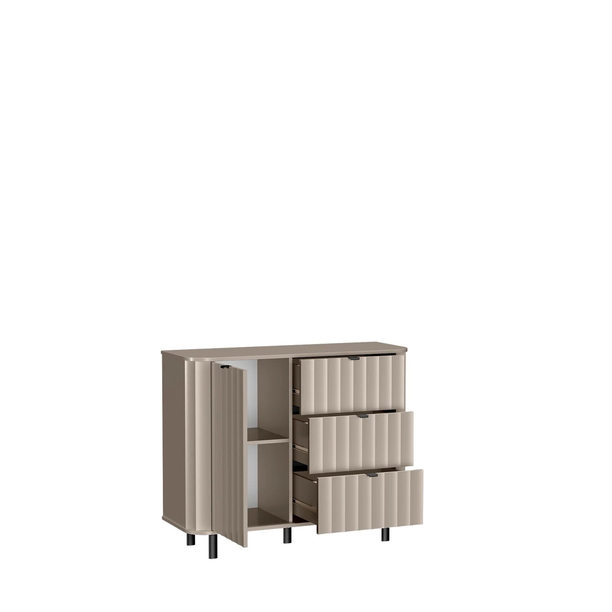 Beautysofa Kommode NEVADA NO‑3 – 3 Schubladen + Tür, MDF-Fronten mit Fräsung, Metallfüße - in Weiß oder Grau