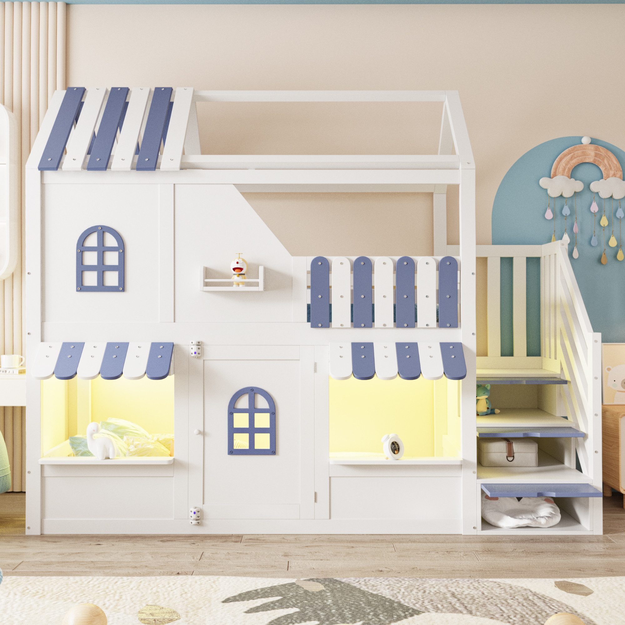 OKWISH Kinderbett Etagenbett Stauraumbett (mit Dach, Fenstern, Geländer, Tür, Stauraumleiter und LED-Beleuchtung, inklusive Regalen, 90X200 cm), ohne Matratze