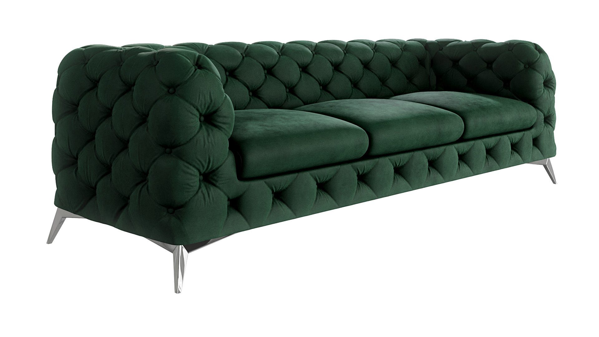 S-Style Möbel 3-Sitzer Chesterfield Sofa Kalina mit Silber Metall Füßen, mit Wellenfederung Flasche Grün