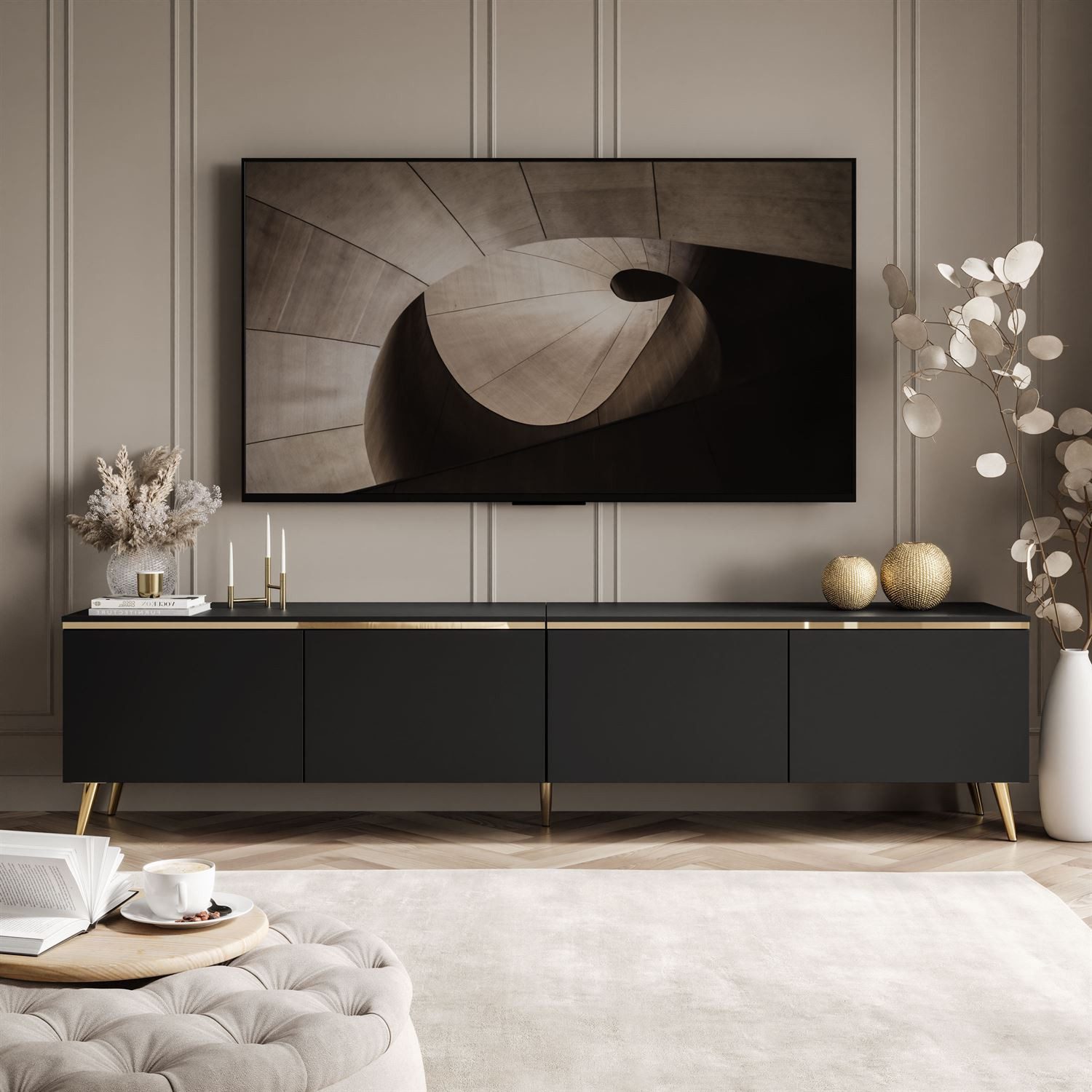 Lookway TV-Schrank CELINE Schwarz Matt auf goldenen Füßen mit LED-Beleuchtung 200x40x49 cm – Bild 4 von 5