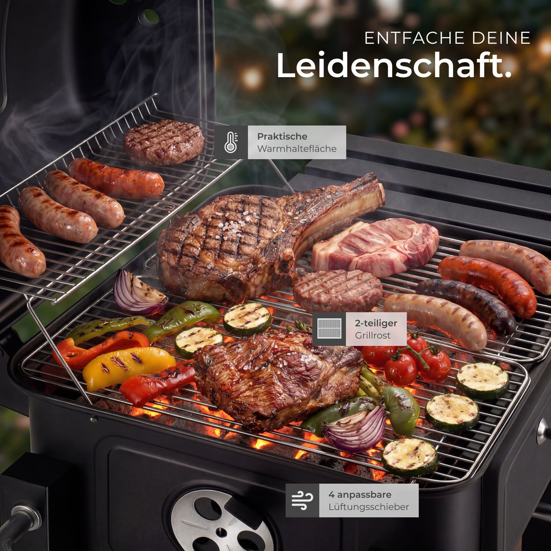 tectake Holzkohlegrill Grillwagen mit 2 Rädern, regulierbare Luftzufuhr, 110 x 64 x 104 cm, Standgrill Florian, in schwarz, mit Thermometer, Warmhalterost und klappbare Seitenablage mit 3 Haken