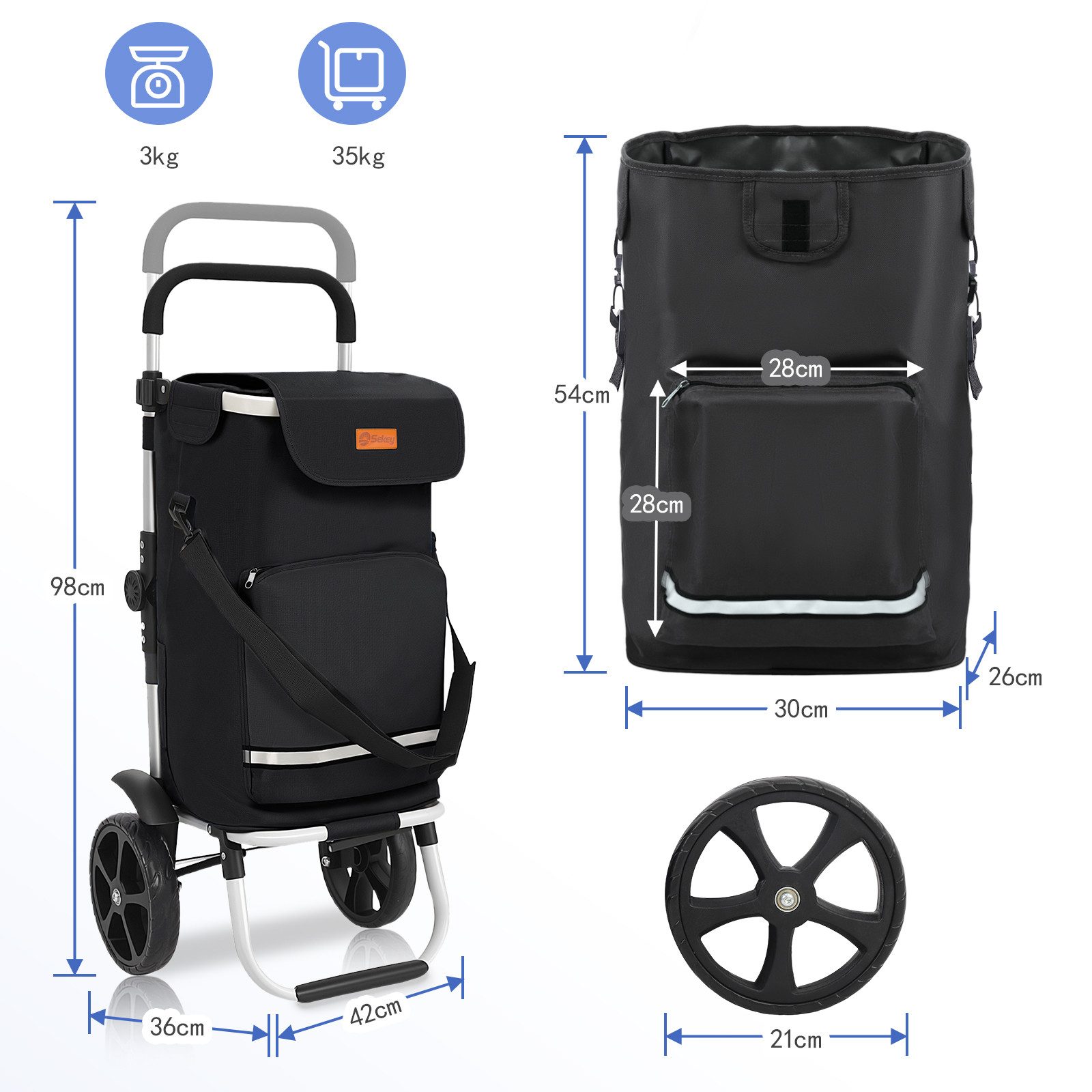 Sekey Einkaufstrolley 3-in-1 mit Kühlfach und Spanngurt, Faltbarer Einkaufswagen 42L & 35kg, 3-in-1 Trolley, Sackkarre & Umhängetasche, Ideal für Einkäufe