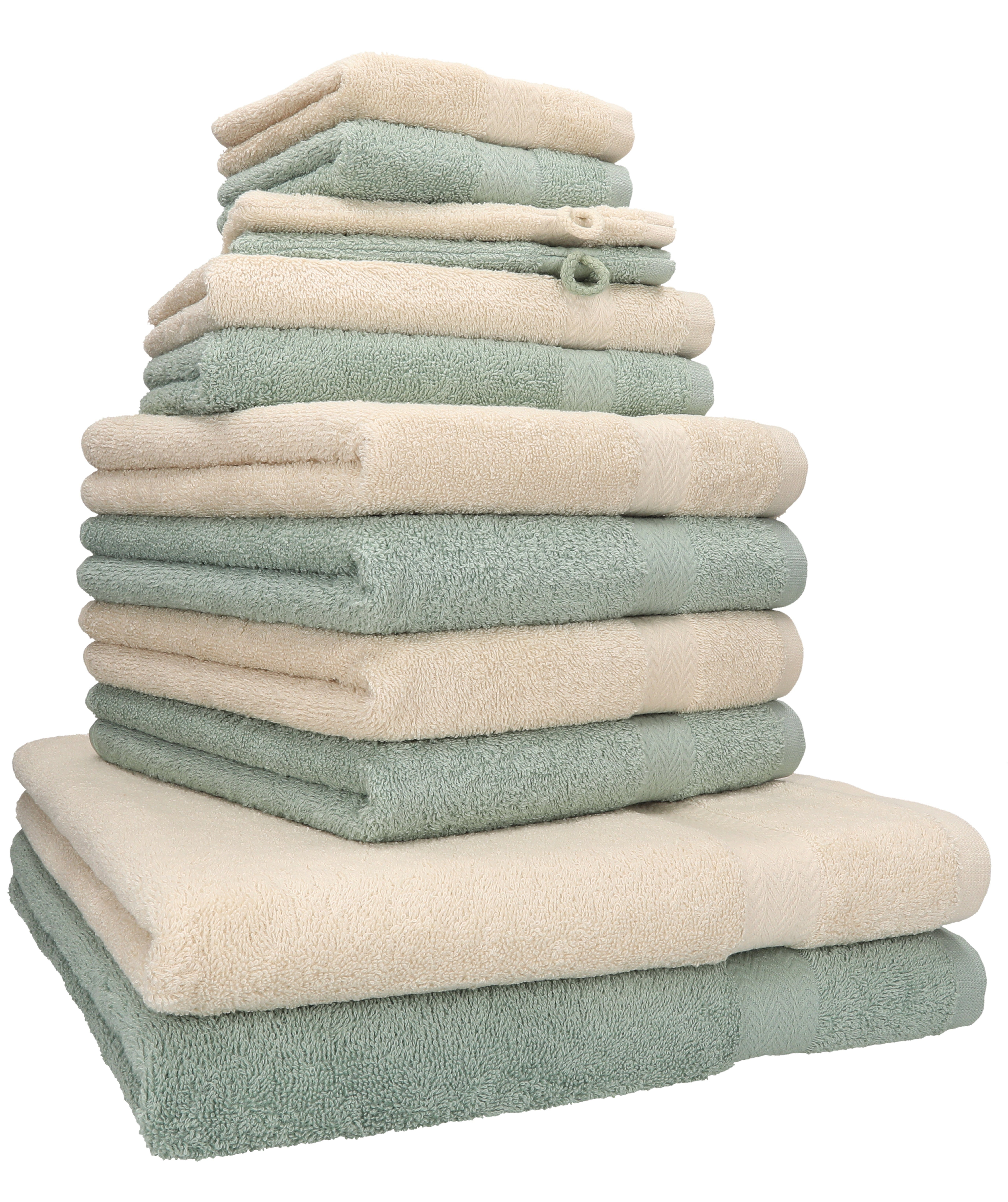 Betz Handtuch Set 12-tlg. Handtuch 100% Premium Baumwolle, Sand/heugrün, Farbe (12-tlg) Set
