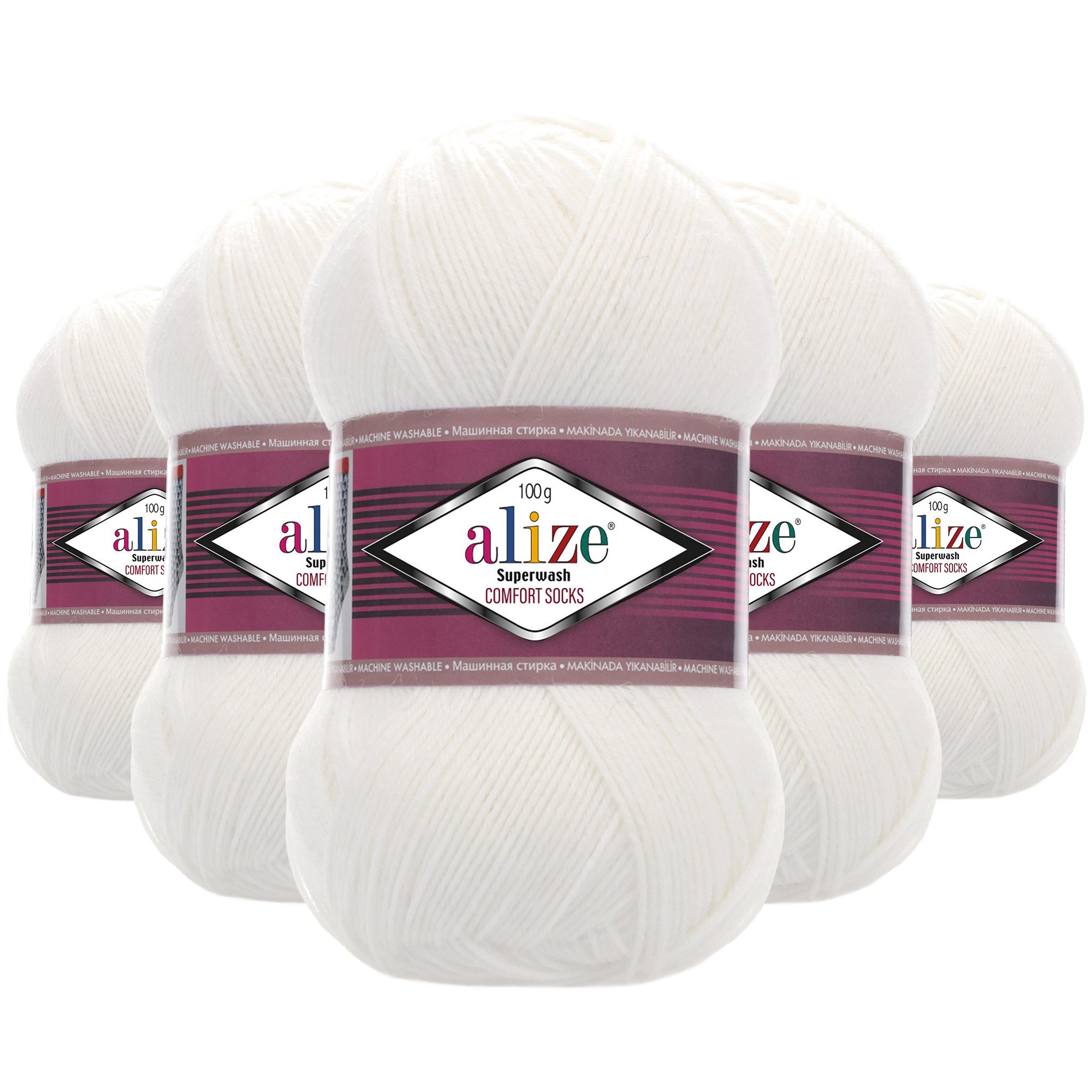 Alize 5x100g Sockenwolle Superwash Comfort 4-fädig Strumpfstrickgarn Häkelwolle, 2100 m (5-St), 55 weiß