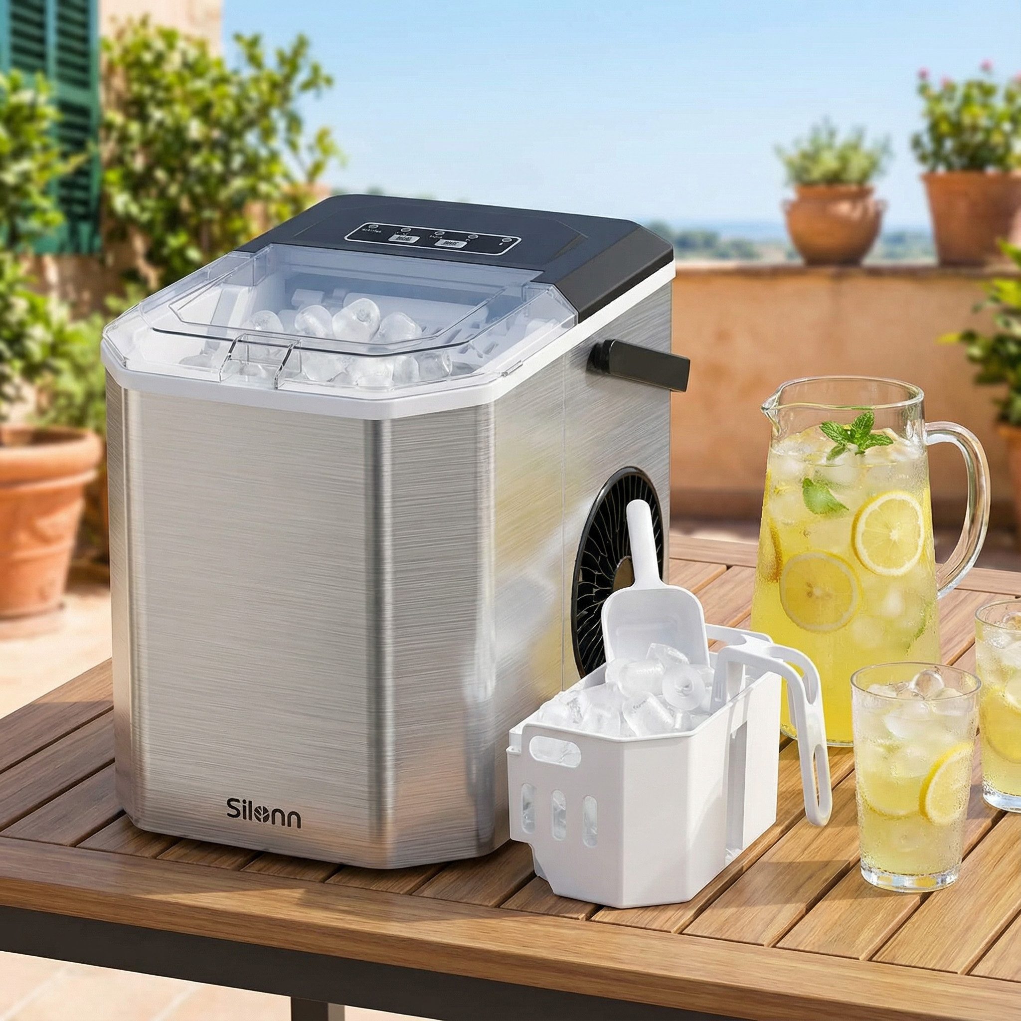 Silonn Eiswürfelmaschine 9 Würfel in 6 Min, 12 kg/Tag, 2 Eisgrößen, Eiswürfelbereiter, Tragbar, Selbstreinigend, Energiesparend, ≤ 45 dB - Für Haushalt, Camping