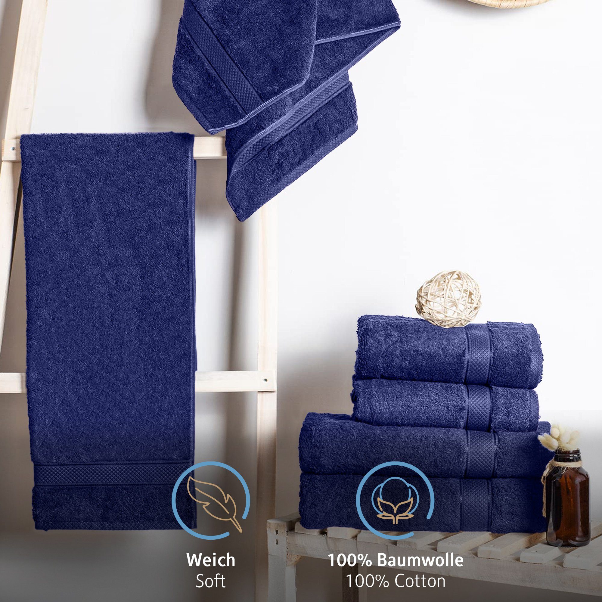 50x100 Handtuch Baumwolle, (6-St), Komfortec Navyblau g/m², 470 100% Set, Badetücher Frottee cm Weich