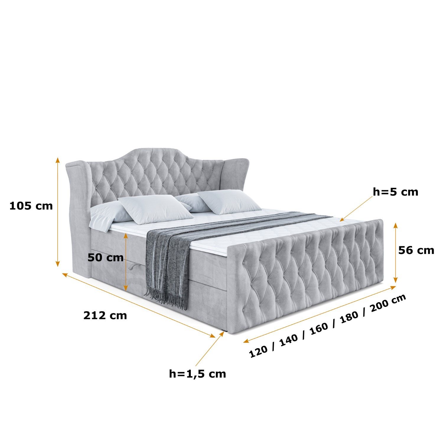 ALTDECOR Boxbett VILA-Z (Multipocket-Matratze H4, H3 Matratze Bonellfederung, Topper, Kopfteil)