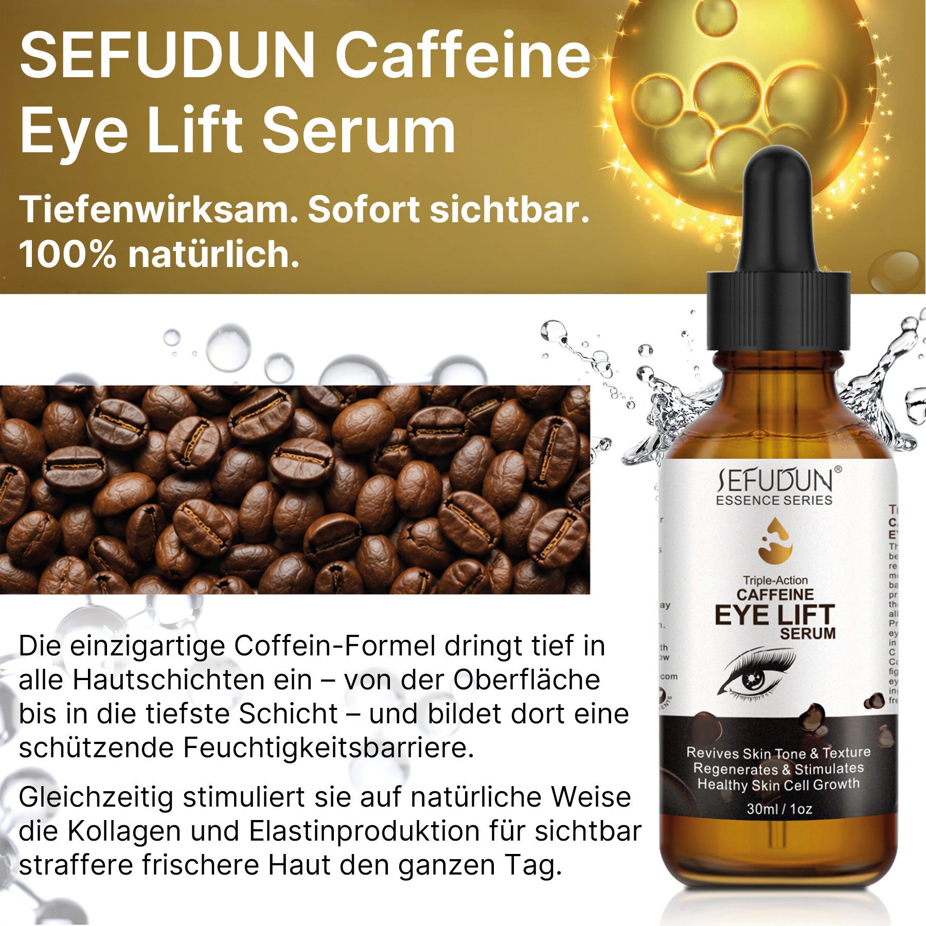 ALIVER Gesichtsserum Augenserum Augencreme Koffein Kollagen Hyaluronic Acid Anti-Aging, 3-tlg., Falten, Fatigue/Müdigkeit, Flüssigkeitszufuhr, Schwellungen, Straffung