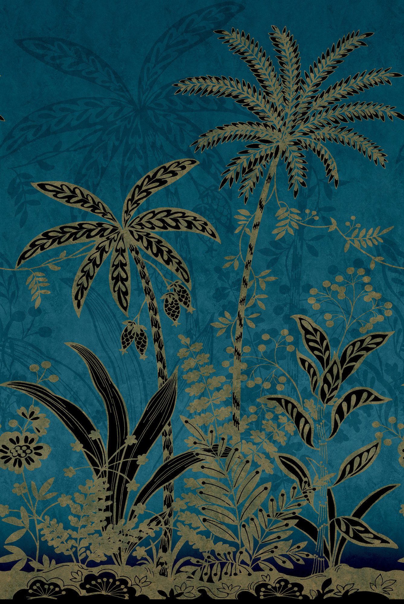 Rasch Fototapete Palmen, tropische Blätter in Gold und Blau - 3,00m x 2,00m, glatt, Palmen, exotisch, Dschungel, tropisch, botanisch, (1 St), Dschungel