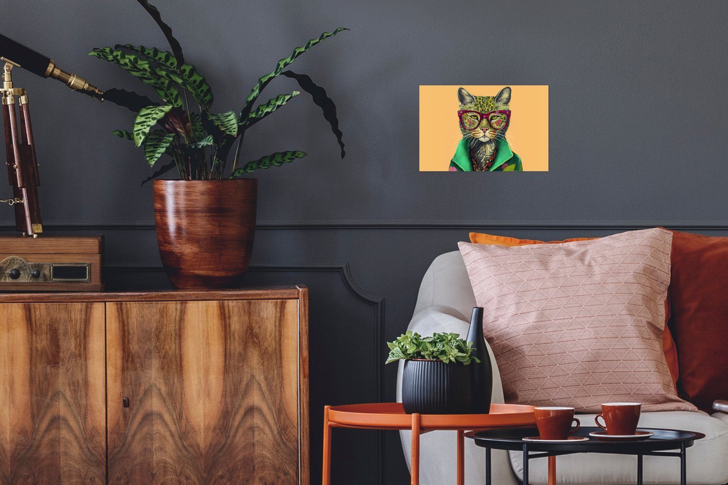 MuchoWow Poster Tiere - Katze - Brille - Blumen - Hippie, (1 St), Poster, Wandbild, Wandposter für Wohnzimmer, Ohne Rahmen