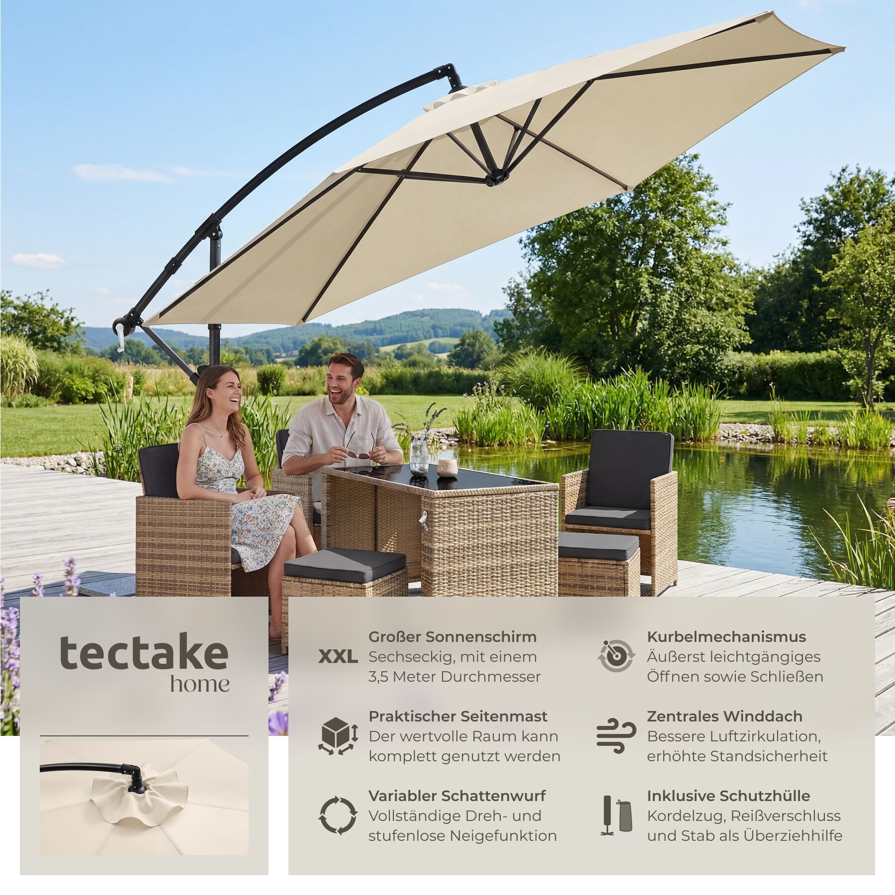 tectake Ampelschirm Terrassenschirm Artemis - 360° drehbar mit UV-Schutz, ampelschirm Artemis, in beige, Doppeldach für optimalen Windschutz