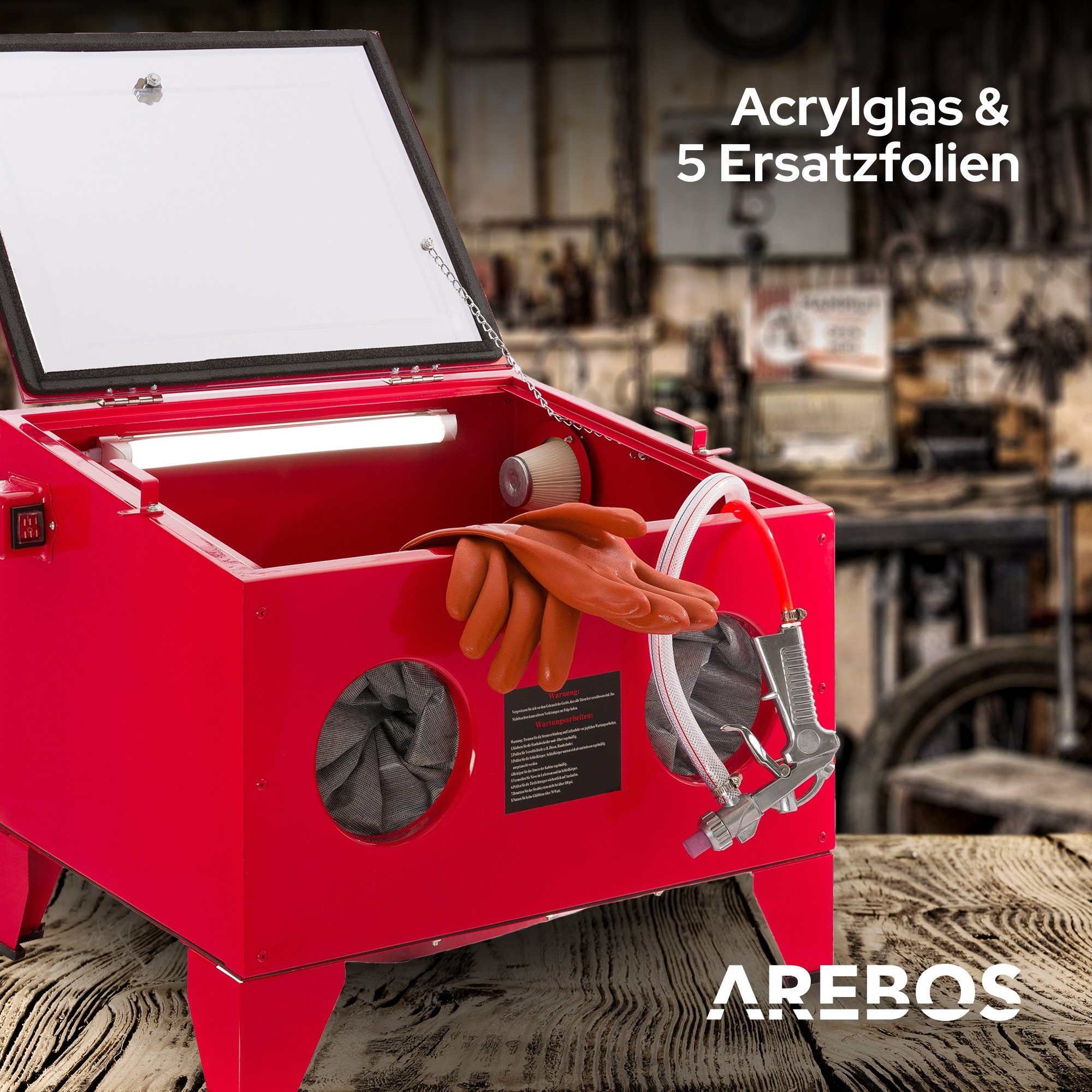 Arebos Sandstrahlkabine 90 Liter, inkl. Strahlpistole, Sichtfenster + 5 Ersatzfolien, 90,00 l, max. 8 bar, Set