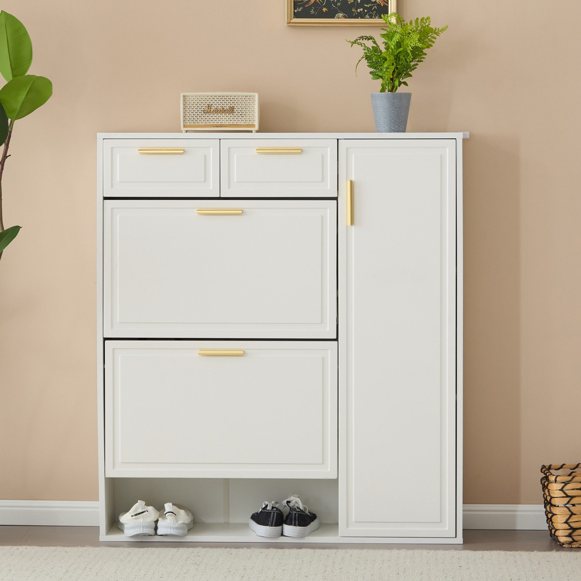 Celya Schuhschrank Moderne Schuhschrank, mit verstellbaren Regalen (B95/D24/H107) goldenen Griffen, Schubladen, Klappschuhschrank und Türen