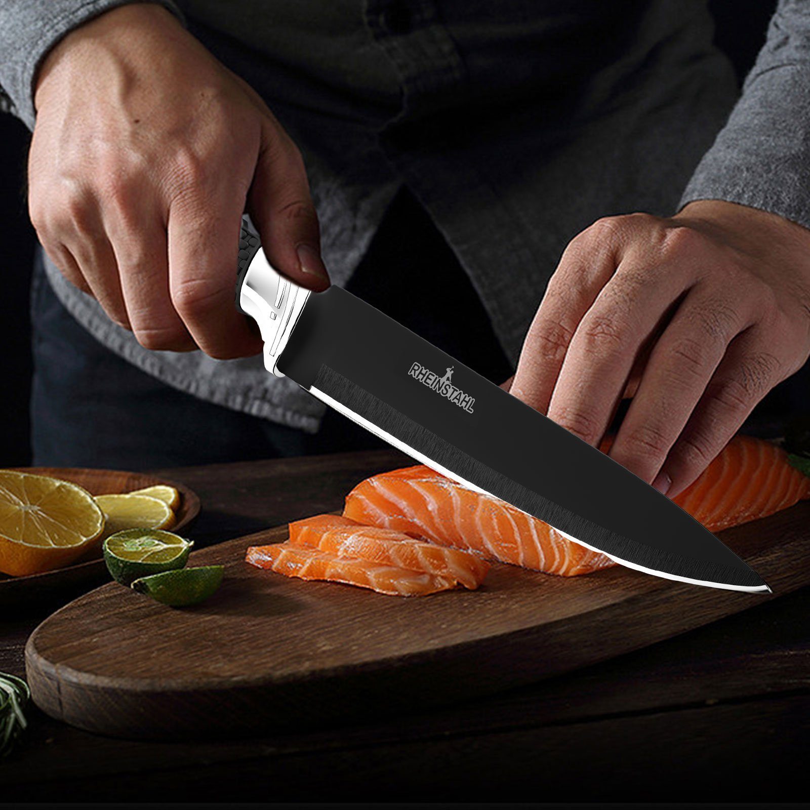Küchenmesser Set 4 Küchenmesser teilig Messerblock Set Messerset Messer-Set Profi Kochmesser hochwertiges Schwarz RHEINSTAHL SelbstschärfenMesser (4-tlg),