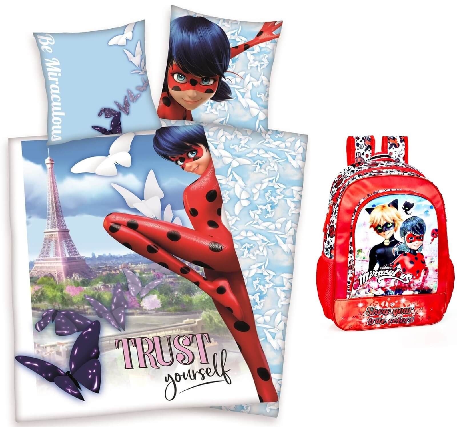 Kinderbettwäsche Miraculous Ladybug - Rucksack und Bettwäsche-Set, 135x200 & 80x80, Miraculous - Ladybug, Baumwolle, 100% Baumwolle