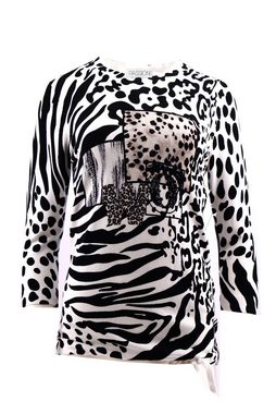 Passioni 3/4 Arm-Pullover Schwarz-Weiß Sommerpullover mit Leopard- und Zebramuster Rundhalsausschnitt, Print, Tunnelzug am Saum