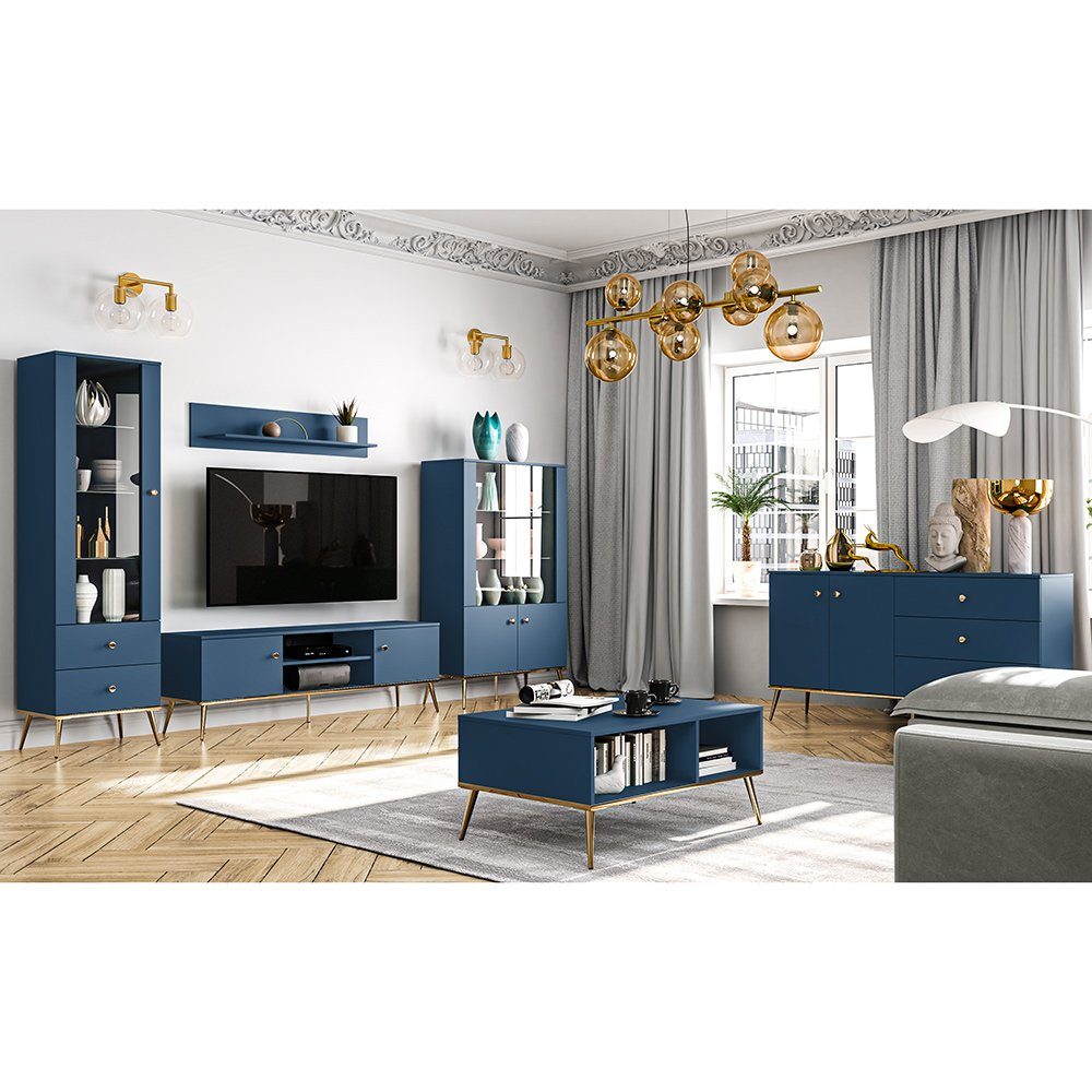 Lomadox Wohnwand MONTPELLIER-131, (6-St), dunkelblau, LED-Beleuchtung, günstig online kaufen
