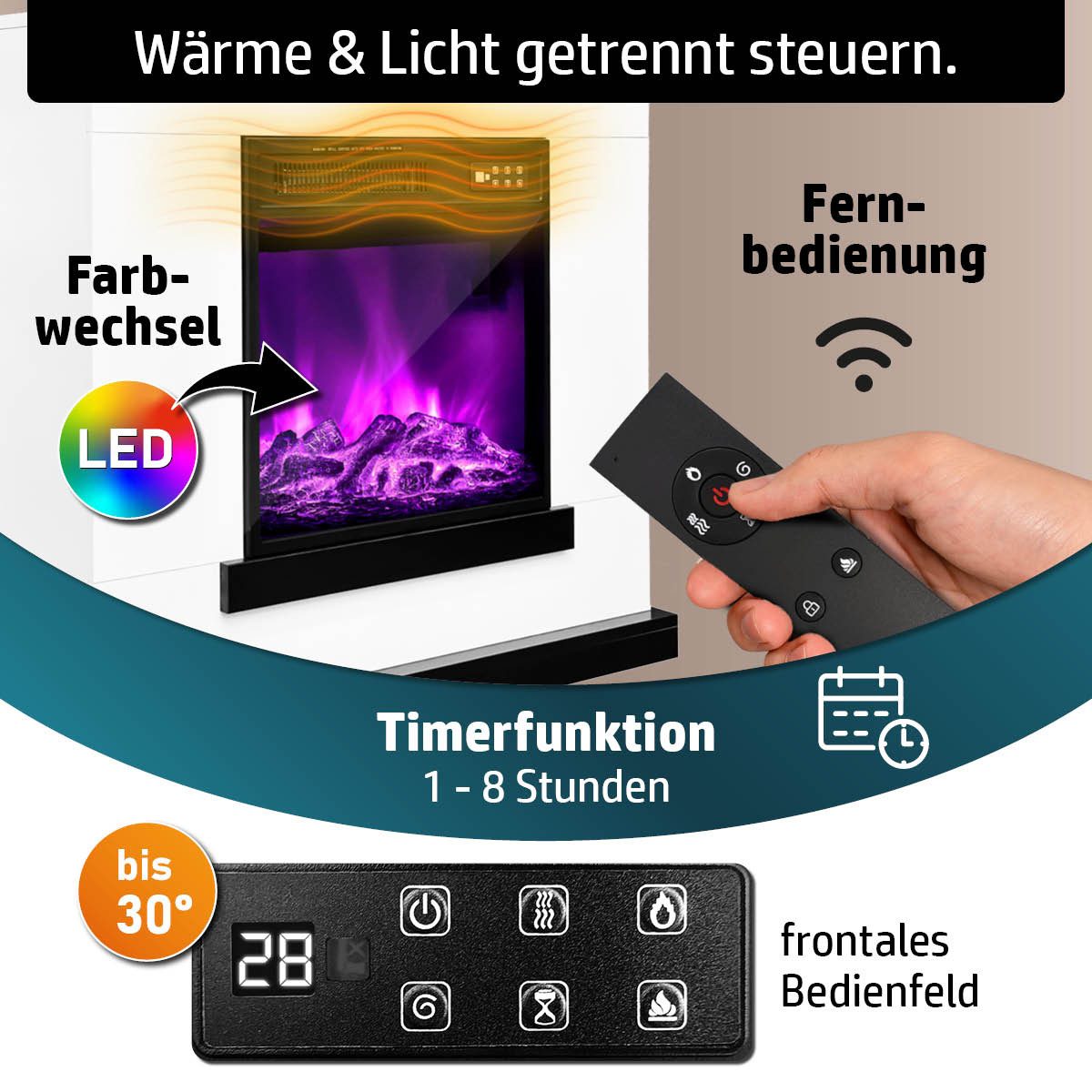 AMBINESS Elektrokamin 2 Heizstufen, 900W - 2000W, LED - 3D Flammeneffekt mit Farbwechsel, inkl. Fernbedienung Timer & Thermostat – Bild 4 von 5