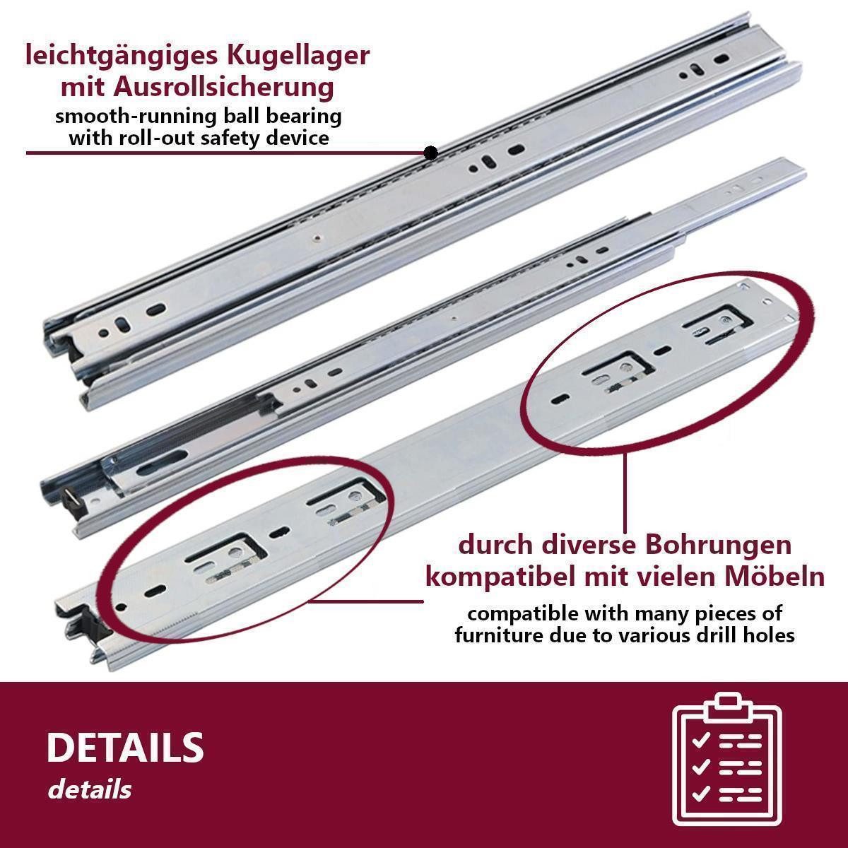 HOOZ Auszug Teleskop Schubladenschienen 25–55 cm – Kugelgelagert Vollauszug 30 kg (2er Set, 4 St., mit Ausrollsicherung), ruhiger Lauf